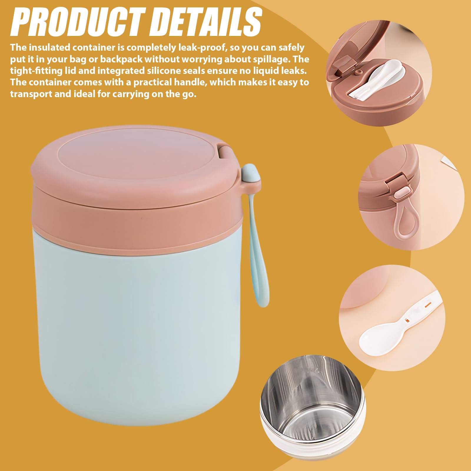 Recipiente térmico de acero inoxidable para comida: 3 cuencos térmicos con cuchara, 430 ml, aislados al vacío, termo para comida para niños, color azul, rosa y verde