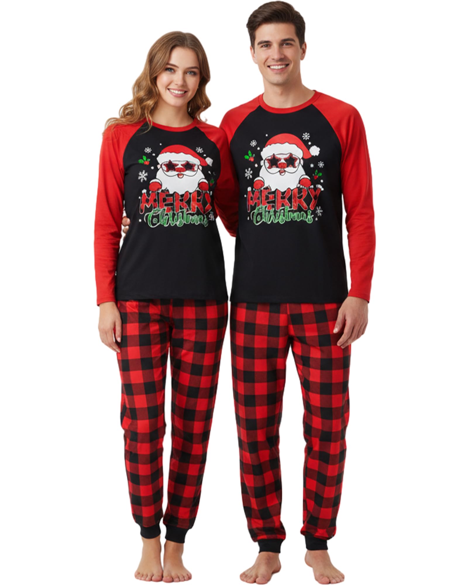 Hotfiary Matching Family Christmas Pyjamas Set, Christmas Pjs Family Set with Santa Print Long Sleeve Top and Elk/Plaid Pyjamas Bottom, Xmas Sleepwear Nightwear for Women Men Adult Kids Couples