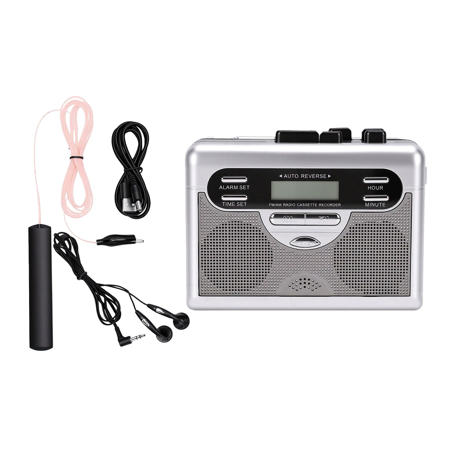 Przenośny Magnetofon Kasetowy z Radiem AM FM | Automatyczne Zatrzymanie / Bieg Wsteczny, Wbudowany Głośnik, Wyświetlacz LED, Zegar / Alarm, Słuchawki 3,5 Mm, Przenośny