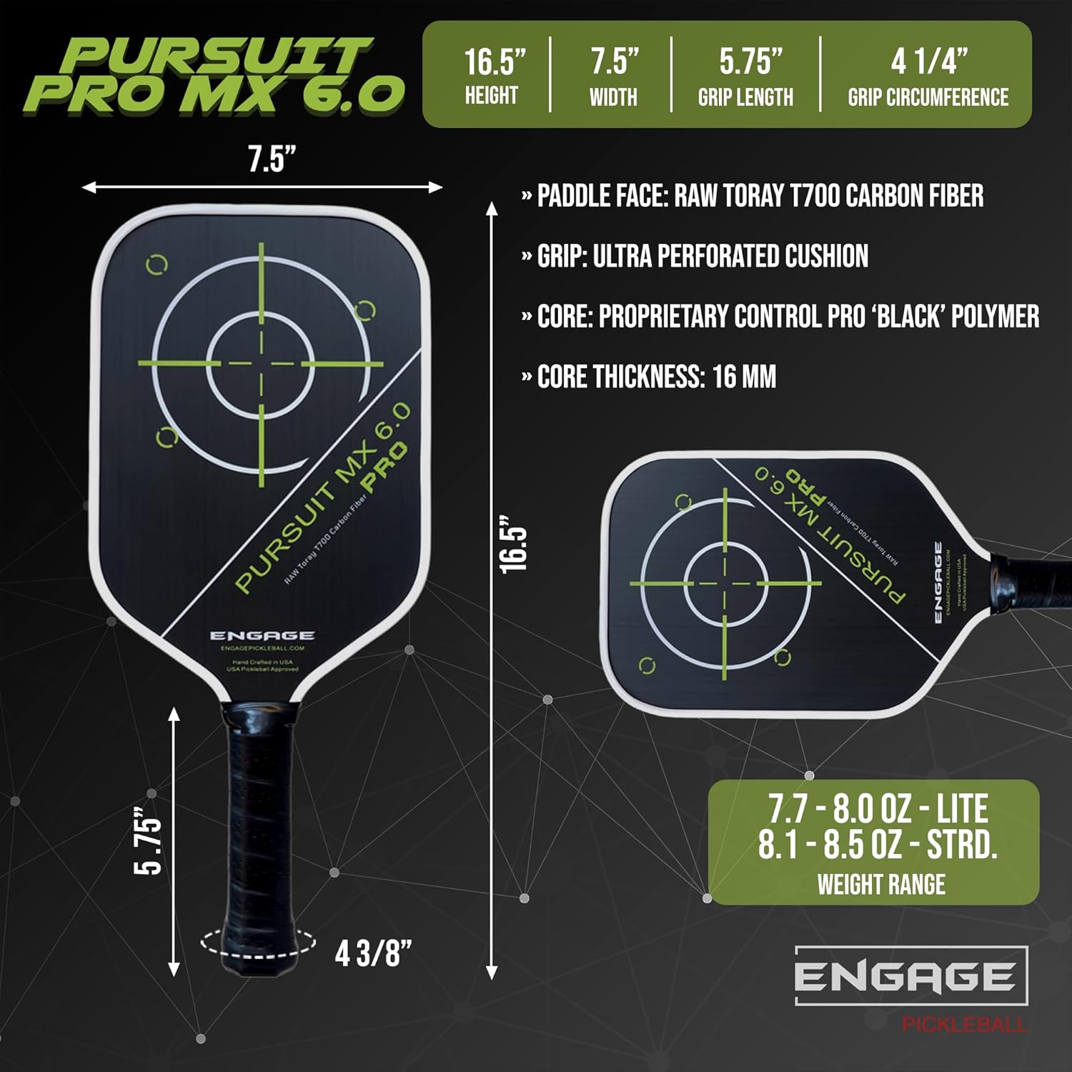 Engage Pursuit Pro MX 6.0 Pickleball Paddle – Elongated Shape, Raw T700 Toray Carbon Fiber Face, 16mm Control Pro “Black” Core (Alpine Lime, Standard (8.1-8.4oz))