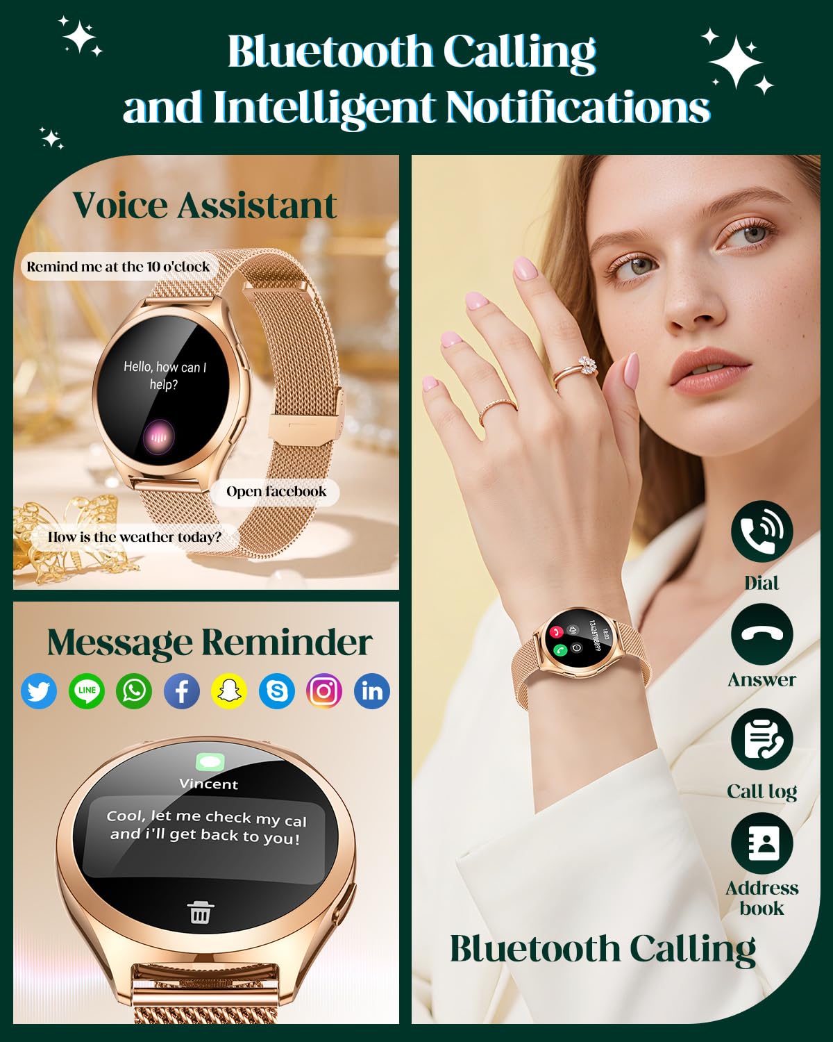 Smartwatch Donna con Effettua Orologio Chiamate: 1.27" Smart watch con Bluetooth 5.2 Contapassi Sonno 100+ Modalità Sportivo Fitness Tracker IP68 Impermeabile Contapassi Polso Compatibile Android iOS