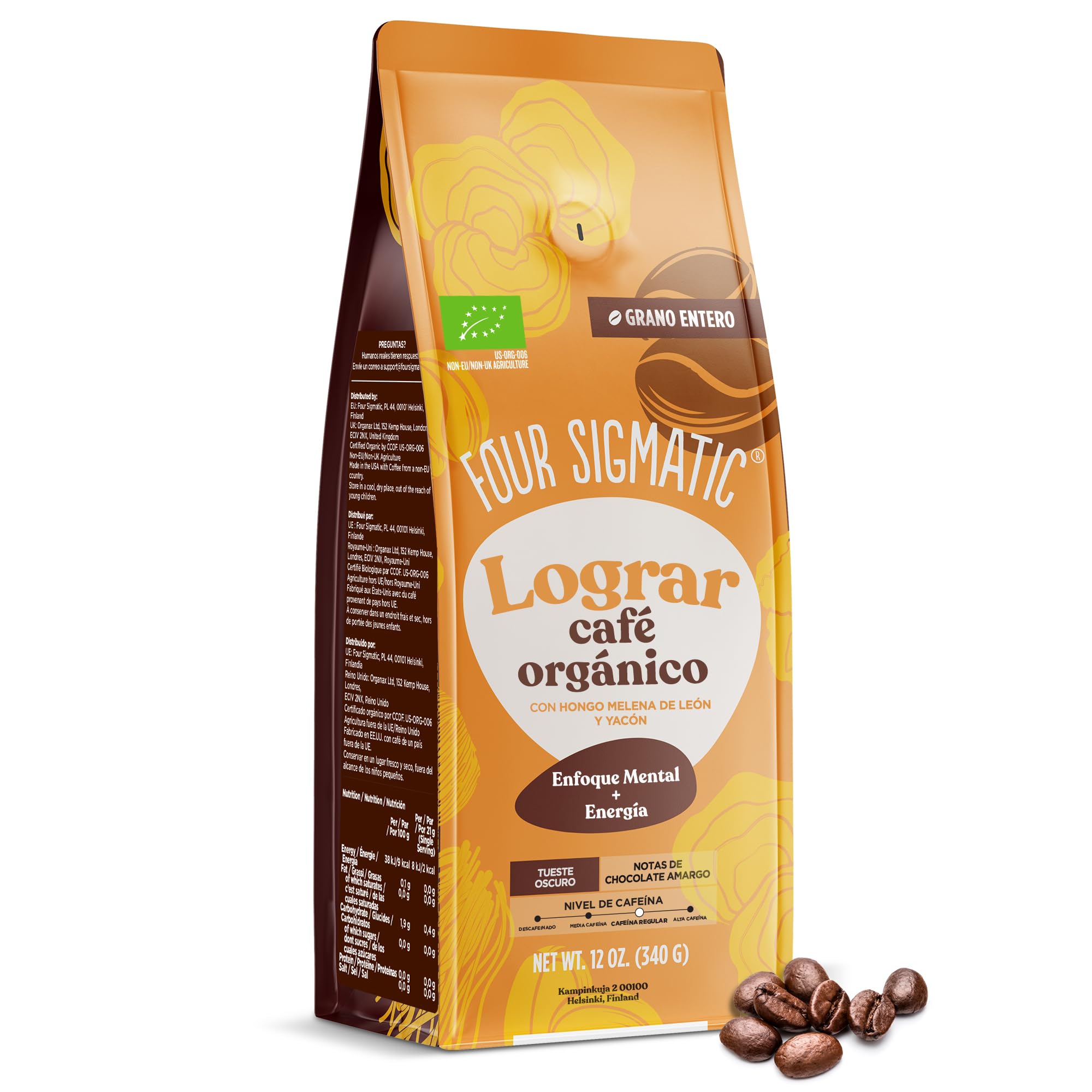 Four SigmaticDark Roast Whole Bean Coffee | Fair Trade Gourmet Coffee Beans with Lion's Mane & Chaga Mushrooms | Nootropic Mushroom CoffeeEU OrganicUSDA Organic