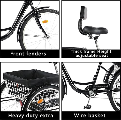 Vista 28 de Triciclo para adultos de 26 pulgadas, bicicleta de 7 velocidades y 3 ruedas para mujeres, hombres y personas mayores, triciclo de crucero con cesta