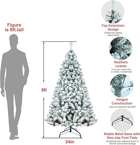 Miniatura 7 de Kadunmina Árbol de Navidad artificial flocado de 5 pies, pino nevado sin luz para el hogar, oficina, vacaciones, decoración interior y exterior,