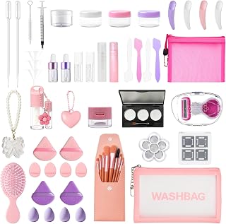 57Pcs Travel Size Containers with Travel Makeup Brush Set Empty Mini Makeup Accessories Powder Puffs and Sponge Set Razor Comb with Storage Bag Skincare Essential Birthday Gifts for Women