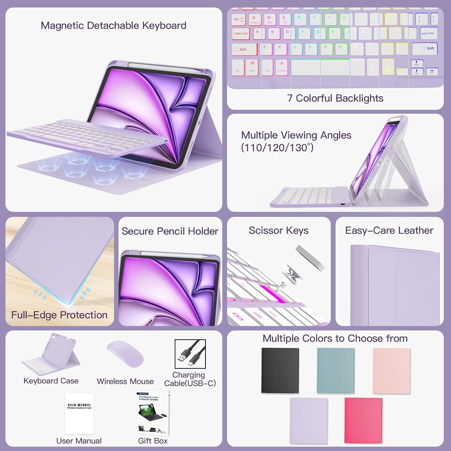 RAYMCRAFT for iPad Air 11-inch Case with Keyboard M4/M3/M2 (2026/2025/2024), Mouse and Detachable Wireless Keyboard Combo for iPad Air 5th/4th 10.9-inch, 7-Color Backlight with Pencil Holder, Purple