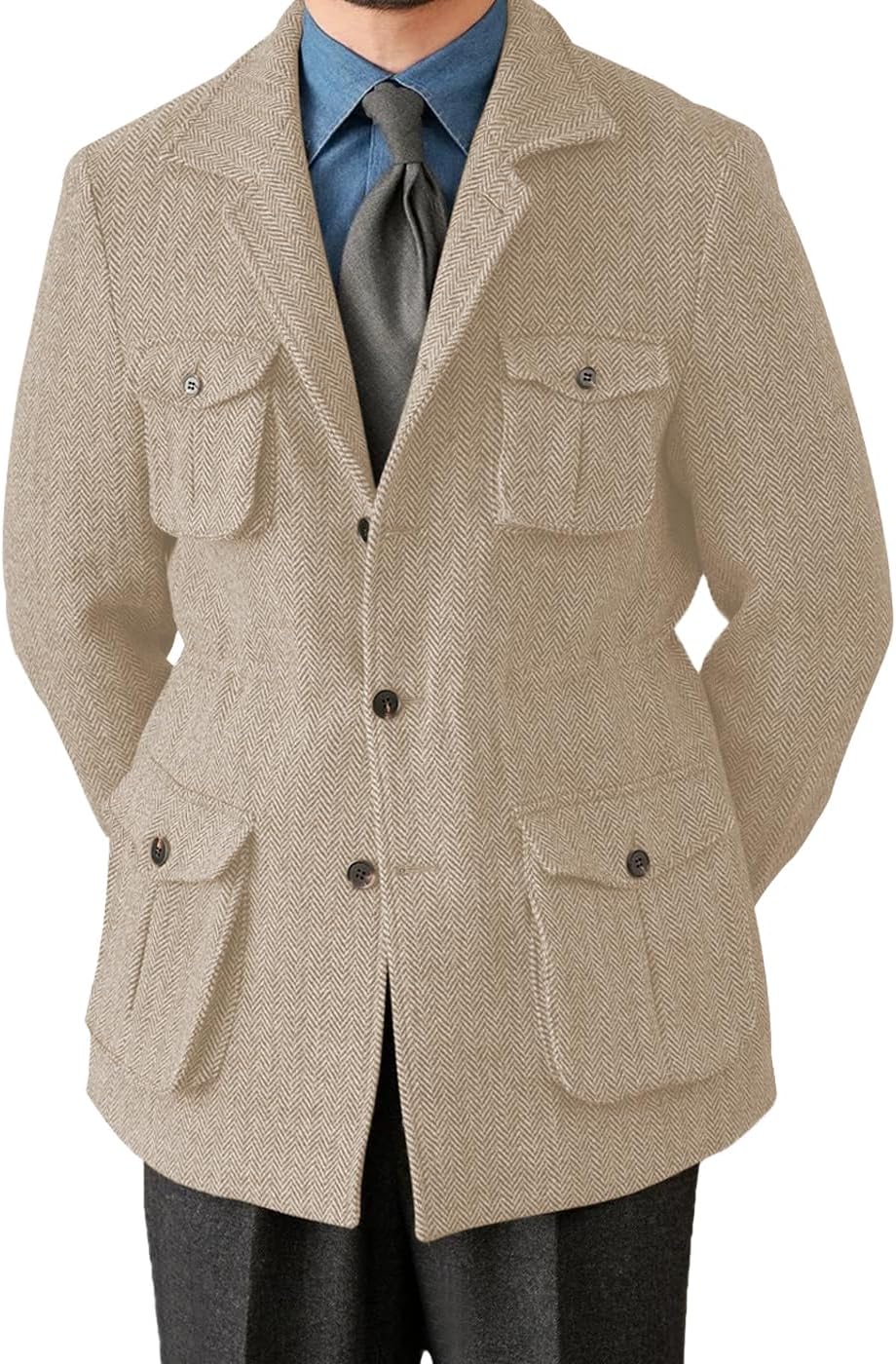 Men's Vintage Herringbone Tweed Blazer Classic Sport Coats Three Button Wool Blend Formal Coat with Four Pockets for Men