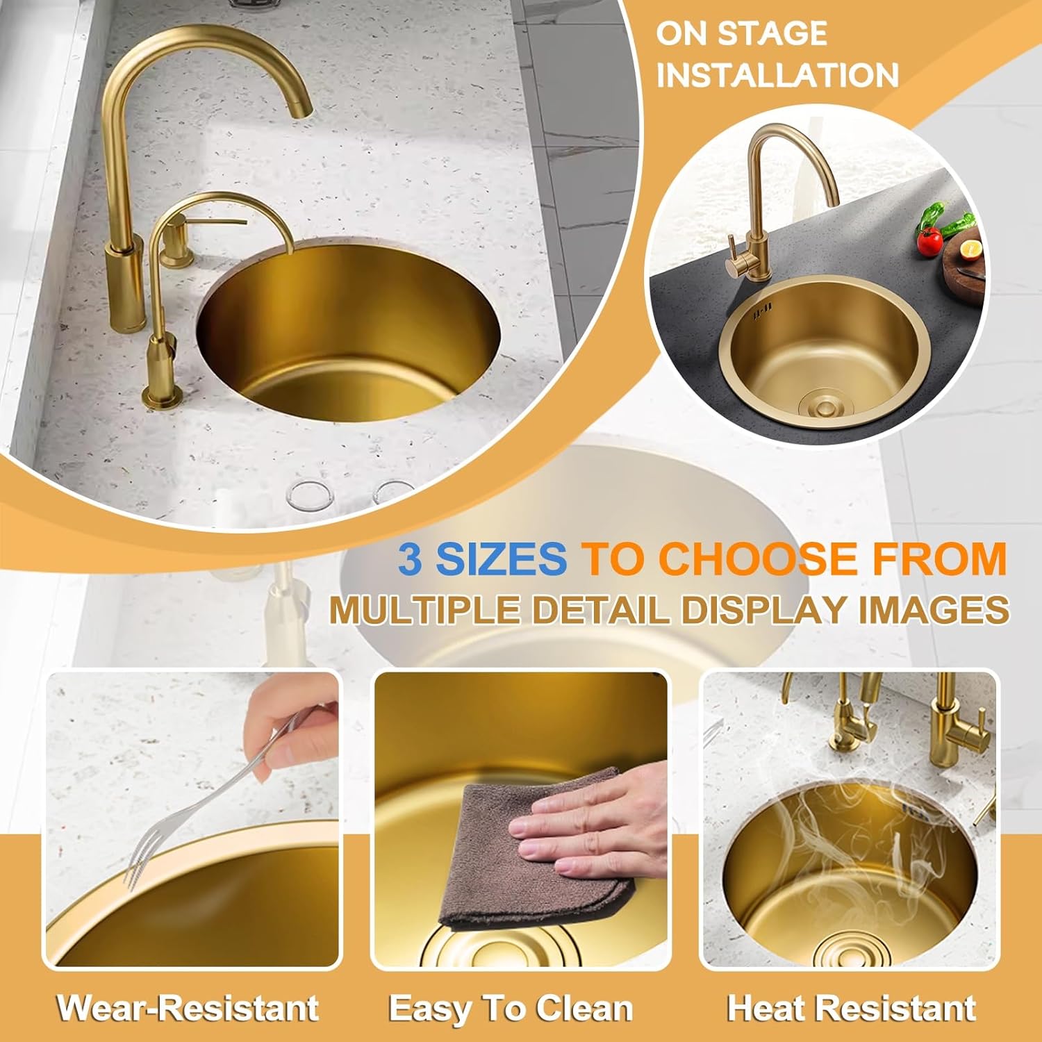 32cm Gold Stainless Steel Bar Sink,36cm Round Small Space Prep Sink,40cm Silent Soundproofed Single Bowl RV Sink,for Kitchen, Camping(Golda 40x40x21cm)