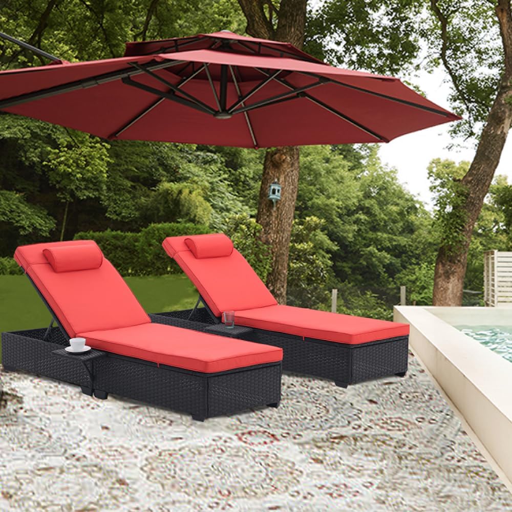 Outdoor Patio Chaise Lounge Chair Set of 2 with PE Rattan and Steel Frame，Extra Space and 5 Adjustable Positions - Easy to Assemble and Maintain(Black+Red)