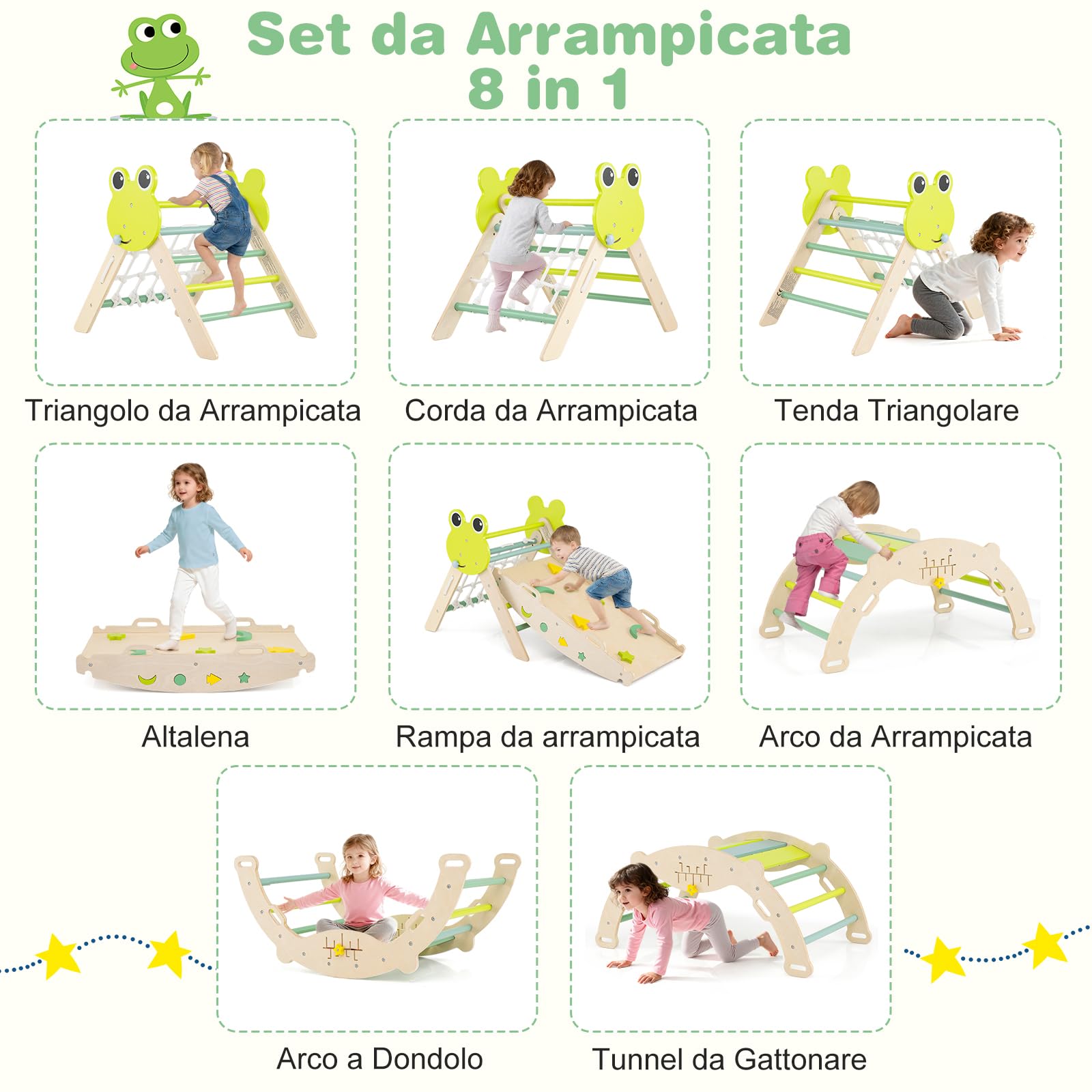 RELAX4LIFE Set da Arrampicata per Bambini, Triangolo di Arrampicata con Scivolo e Arco, Gioco di Incastri in Legno, Gioco Montessori per Bambini 1+ Anni (Rana con Rete-3 Pezzi | Verde)