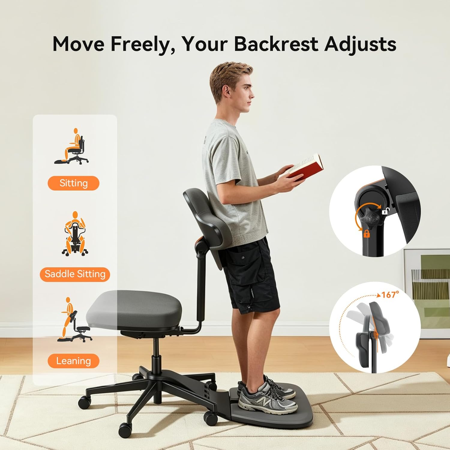 Newtral Standing Desk Chair, Standing Mate Chair for Sit-Stand, Ergonomic Leaning Perch Chair with Anti-Fatigue Mat, Standing Stool, Saddle Chair, Height Adjustable Home Office Posture Seat-MT-L-DG