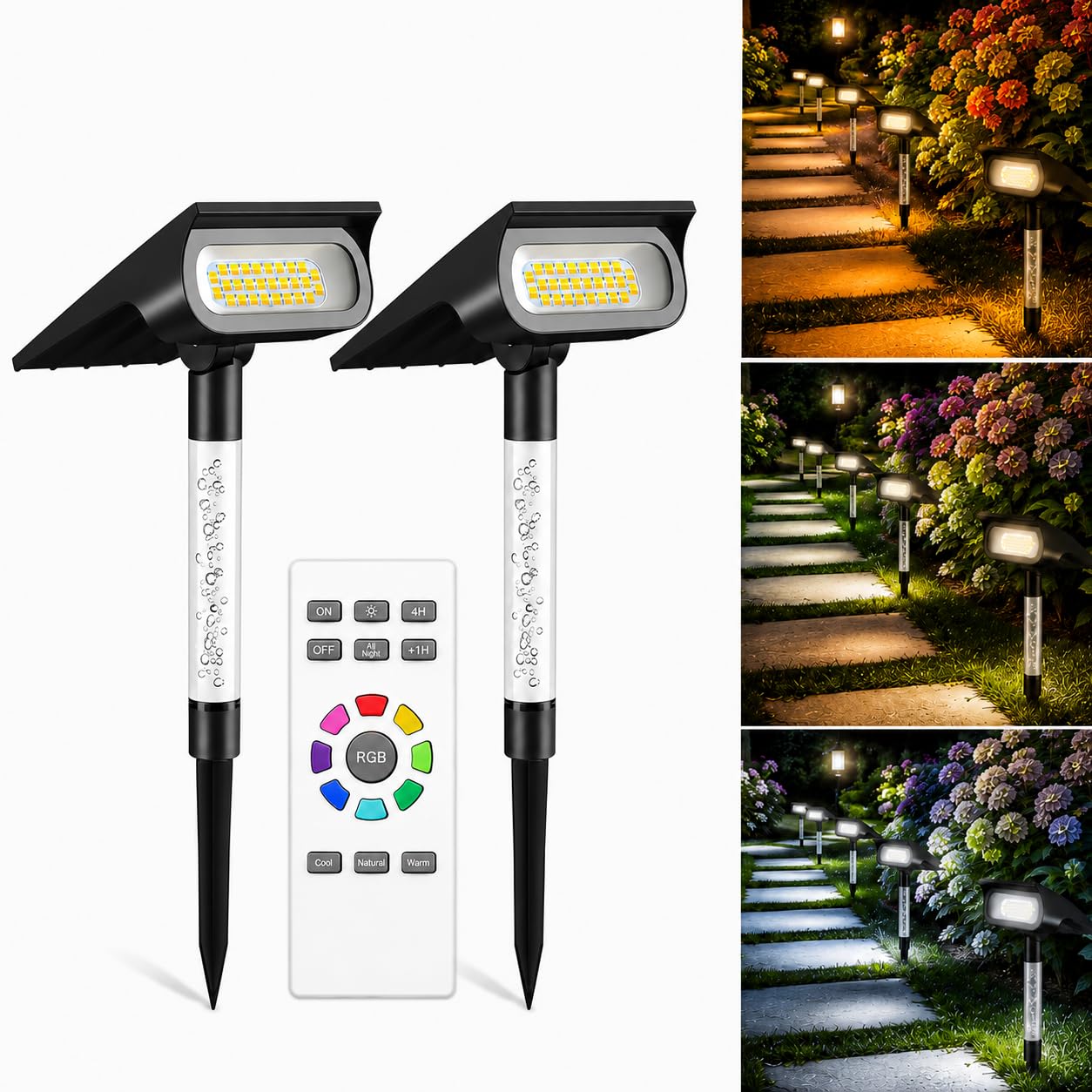 INTELAMP Faretti Solari da Esterno, 3 Colori di Luce Regolabili (Picchetto) | 4000mAh Batteria,Impermeabile IP65,Ideale per Giardino, Cortile, Sentieri, Cespugli