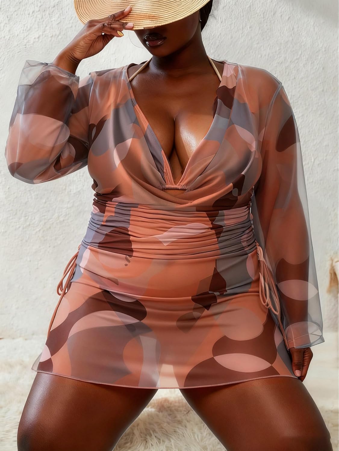 WODECASA Women's Plus Size 3 Piece Swimsuits Halter Triangle Bikini Set with Drawstring Semi Sheer Cover Up Bathing Suit