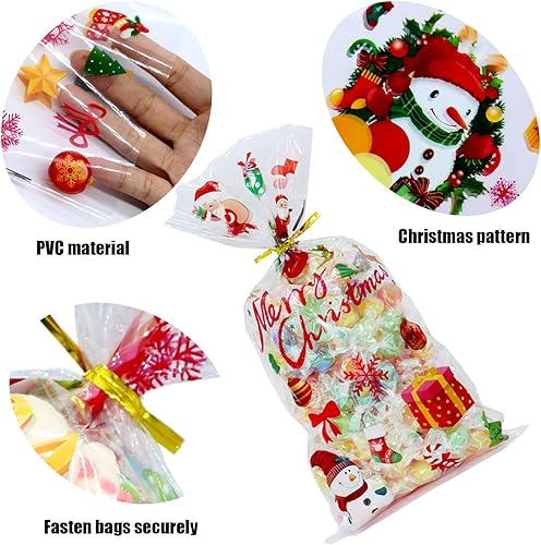 Miniatura 7 de MOLIDA 150 bolsas de celofán de Navidad, bolsas de dulces transparentes de Navidad con 160 lazos giratorios para suministros de fiesta de Navidad