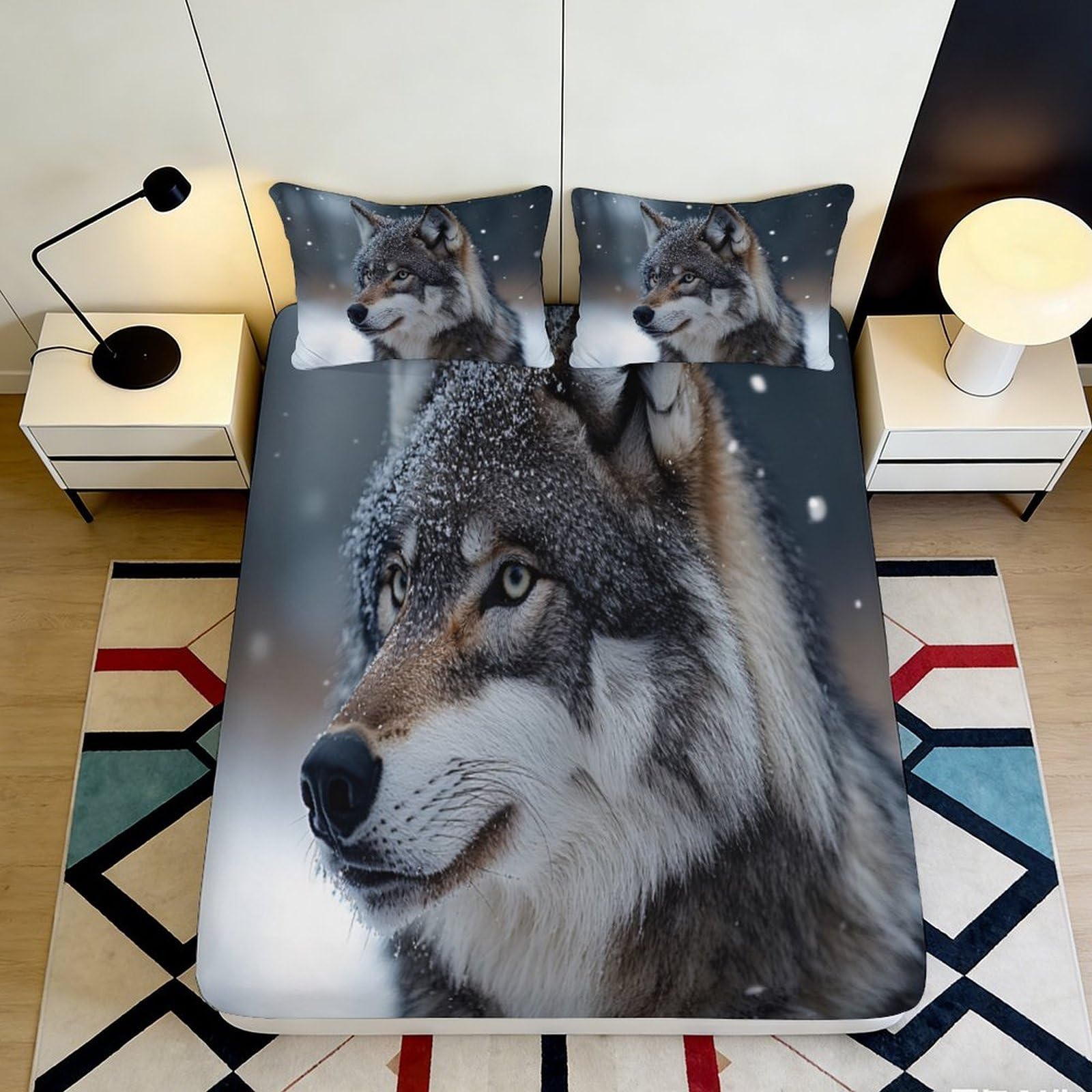 3D Printed Wolf Design Fitted Sheet Microfiber Soft Breathable Snow Scene Bed Cover for Bedroom Dormitory Guest Room Mattress Protection Decor 120x200x25cm