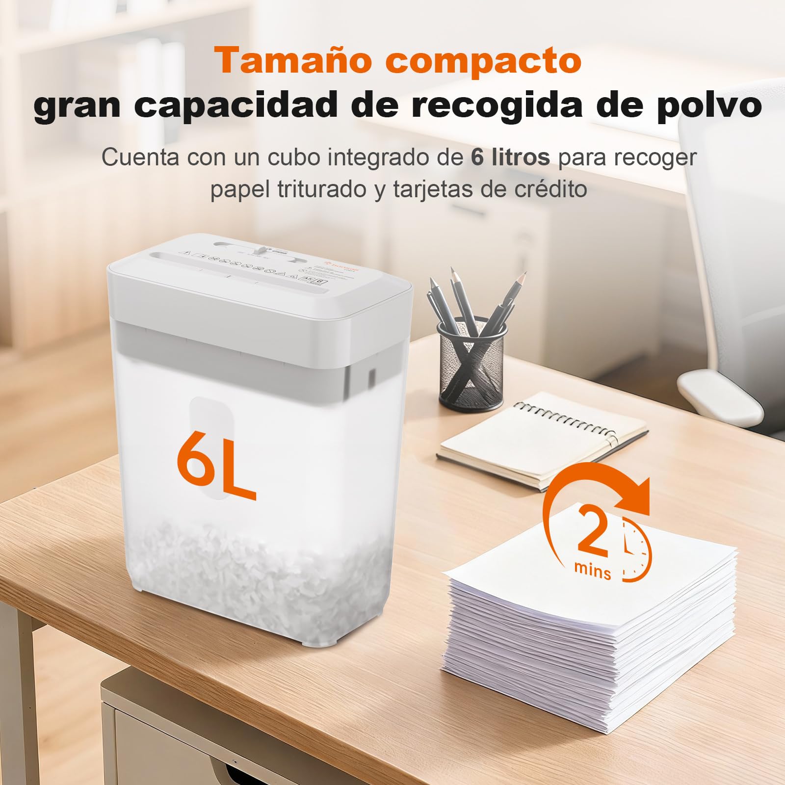 Bonsaii Trituradora de Papel, Corte Cruzado 6 Hojas (A5), Alta Seguridad P-4 con Papelera de 6L, para Papel, Tarjetas de Crédito, Clips & Grapas, C292-A
