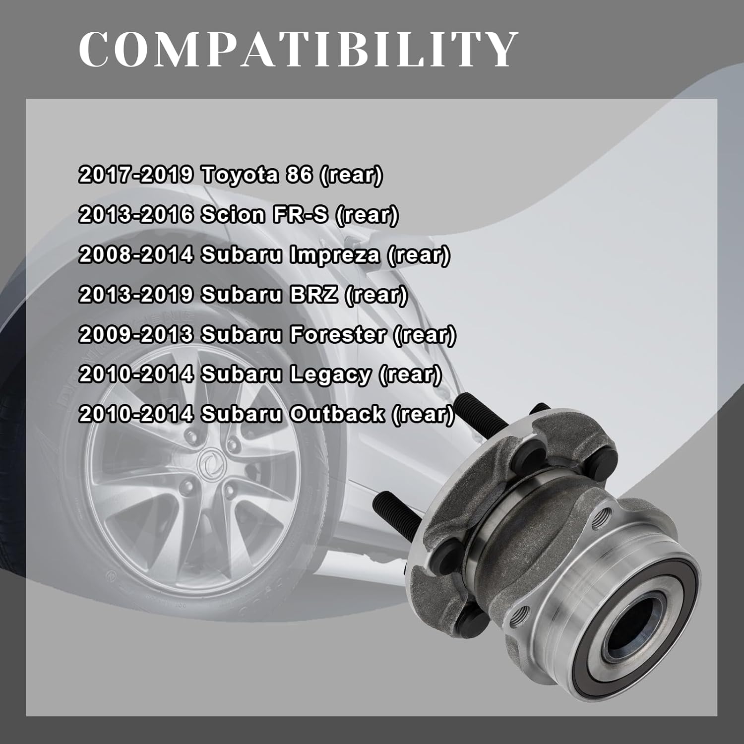 Rear Wheel Axle Bearing Hubs Assembly Compatible with Subaru Impreza/Scion FR-S/BRZ/Forester/Legacy/Outback, Toyota 86, 5 Lugs, Replaces 512401, 1PCS