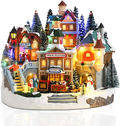 VCUTEKA Aldea Navideña Animada, Estación de Tren Musical Iluminada, Escena de Aldea Navideña de Navidad con Tren Rotatorio, Muñeco de Nieve, Aldea