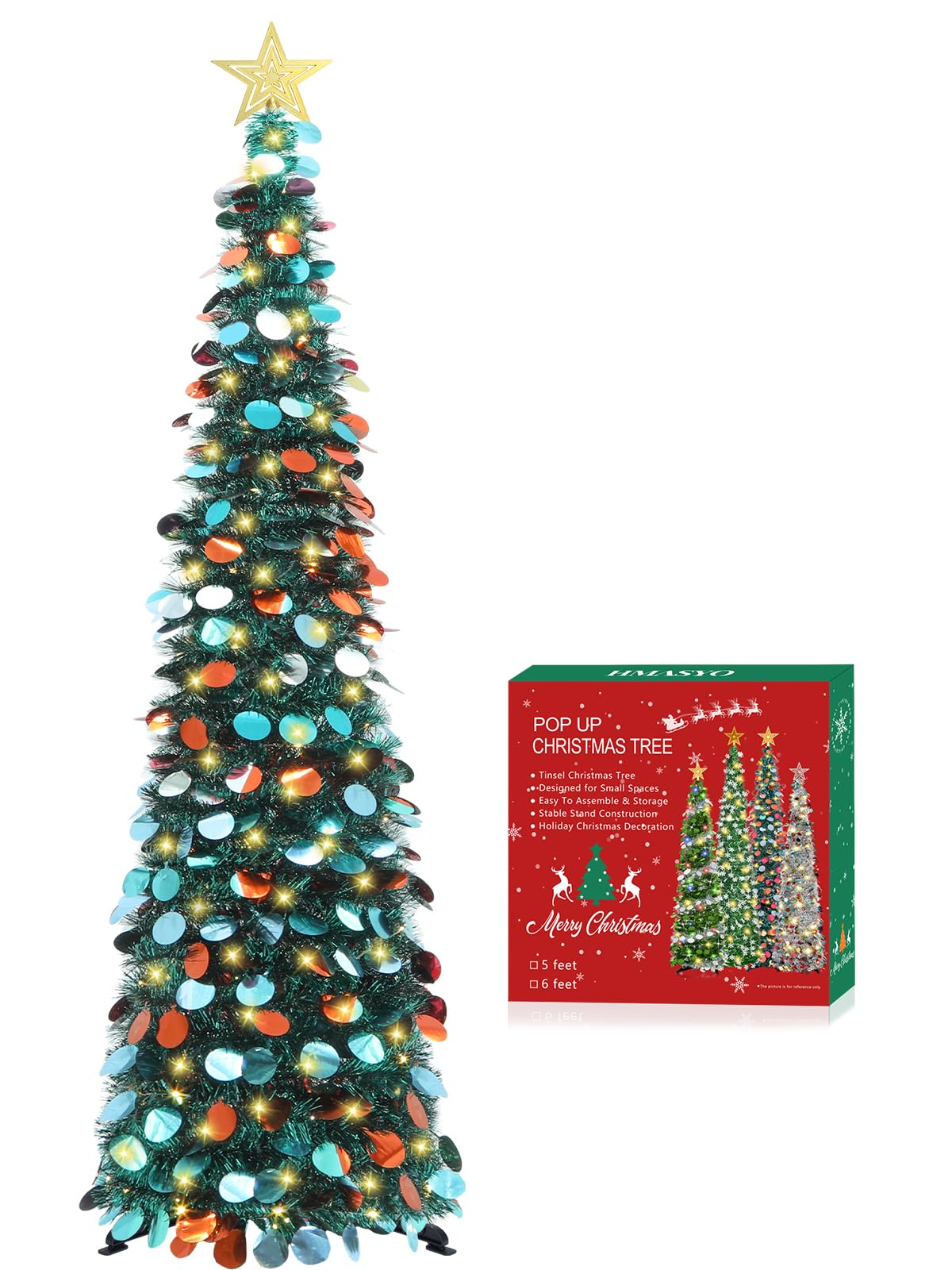 5 FT Pop Up Christmas Tree with Timer Lights, Blue Christmas Tinsel Tree, Collapsible Artificial Pencil Christmas Tree for Indoor Home Apartment Porch Holiday Party Decorations