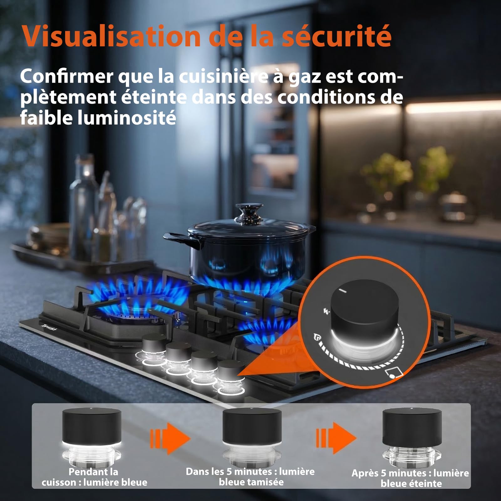 TOPWISH plaque de cuisson gaz 4 feux, plaque gaz 4 feux, table de cuisson encastrable 60cm avec blanc bouton rotatif éclairé, NG/LPG décapotable, protection d'extinction, allumage automatique, 8000W