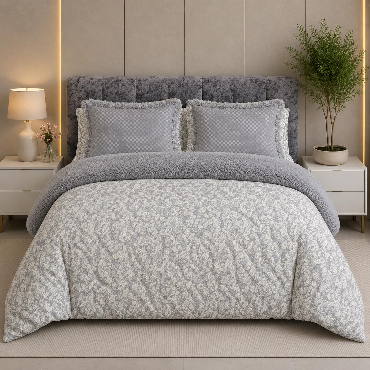 Super Jumbo King Size 275x275 cm/108x108 Inch Floral Design Multi Colored Bedsheets with Pillow Covers. Fits mattresses Upto 8-10 inches. (Slate Grey and Ivory)-image-32