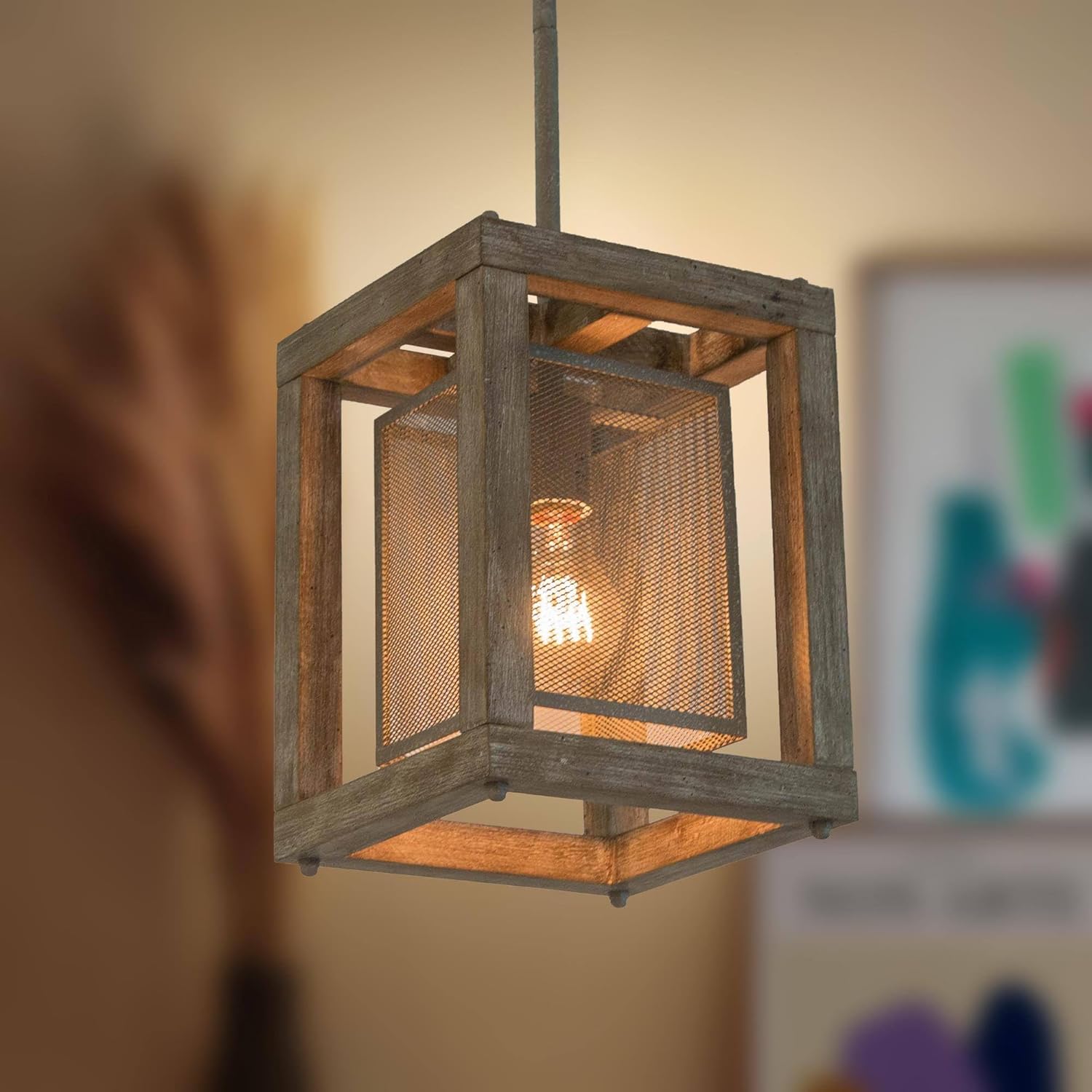 LOG BARN Farmhouse Pendant Lights Kitchen Island, 8'' Square Distressed Wood Pendant Light Fixtures, Rustic Kitchen Pendant Lighting Over Island