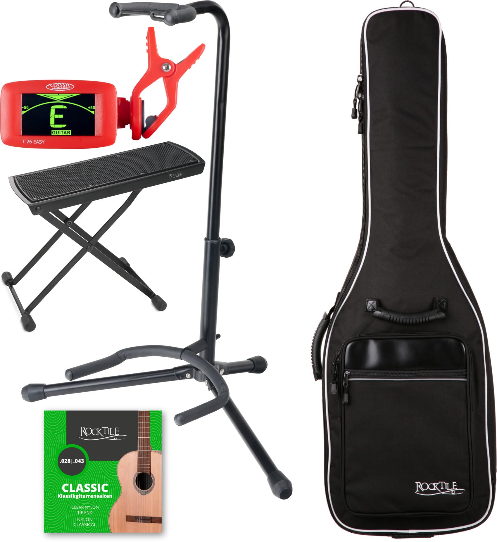 ROCKTILE 5-teiliges Zubehörset - für 1/2 Konzertgitarre - Gitarrentasche - Stimmgerät - Fußbank - Gitarrenständer - Saiten