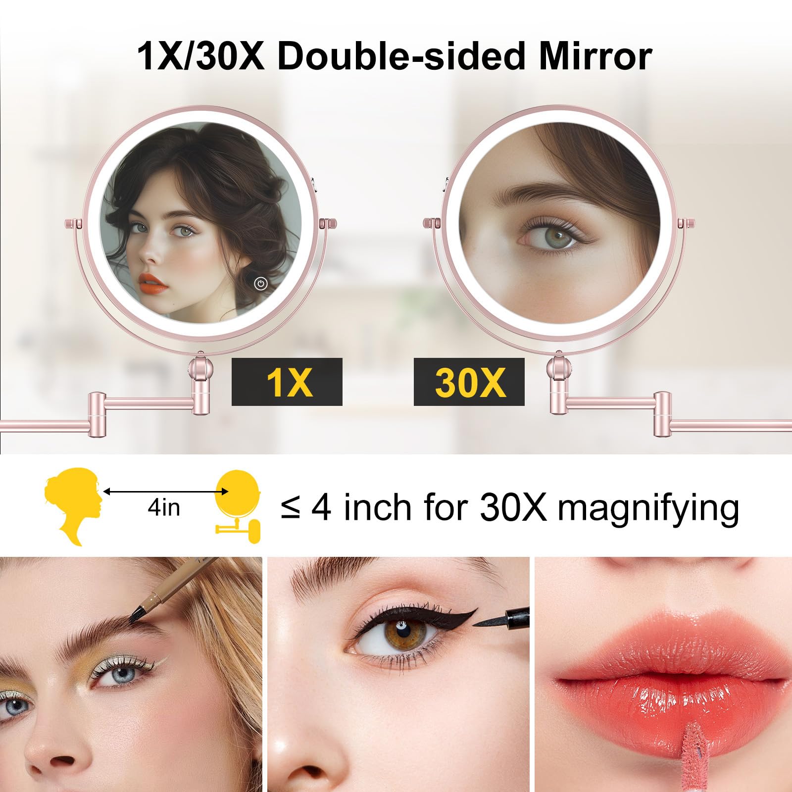 Espejo de maquillaje iluminado montado en la pared de 9 pulgadas, recargable de 4000 mAh, espejo de aumento de doble cara 1X/30X con luz, regulable al tacto, brazo extendido, rotación de 360 grados