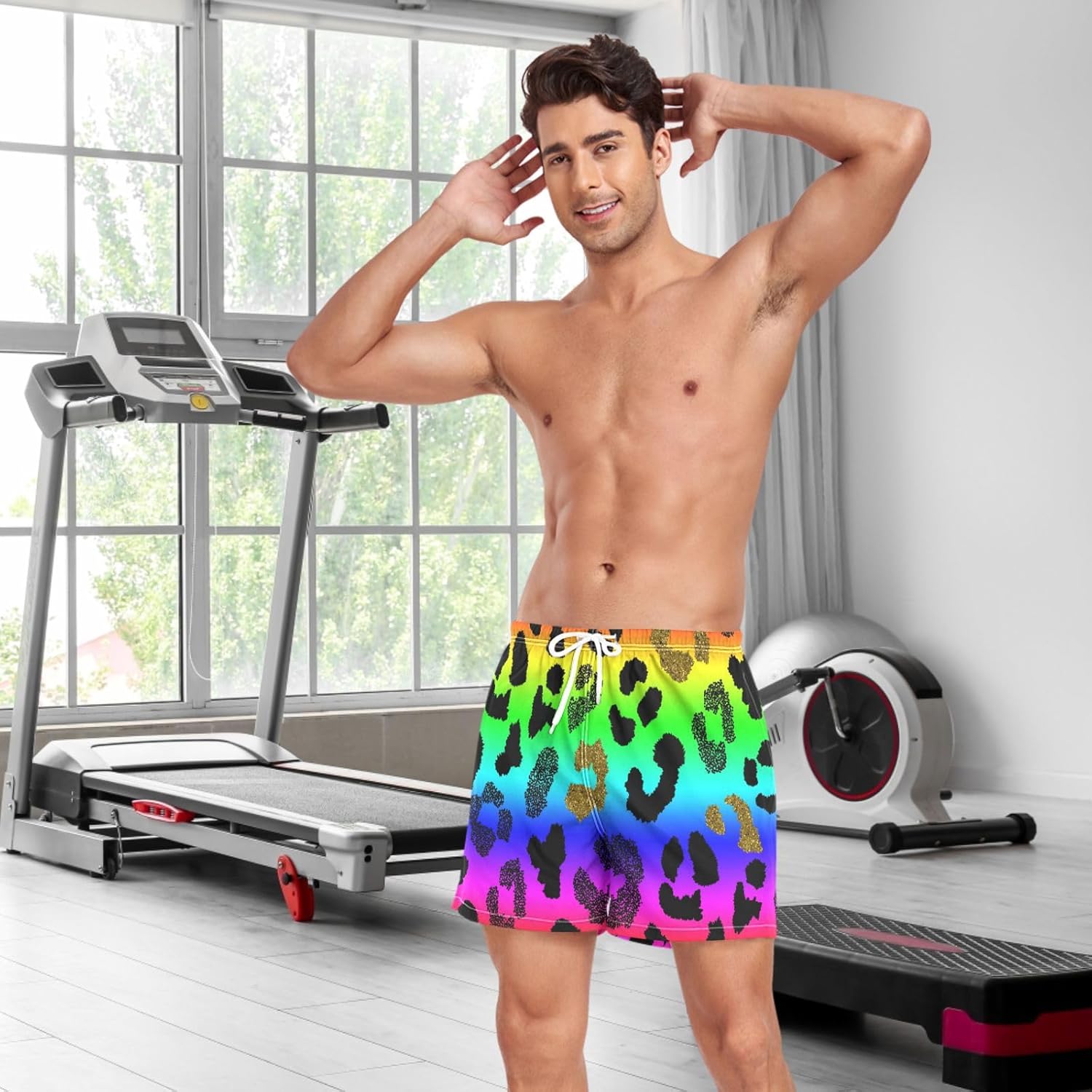 Men's Athletic Shorts 5" Mens 2 in 1 Running Shorts with Liner Leopard Rainbow Gold Animal Skin Colorful Print Gym Yoga Outdoor Sports Shorts L