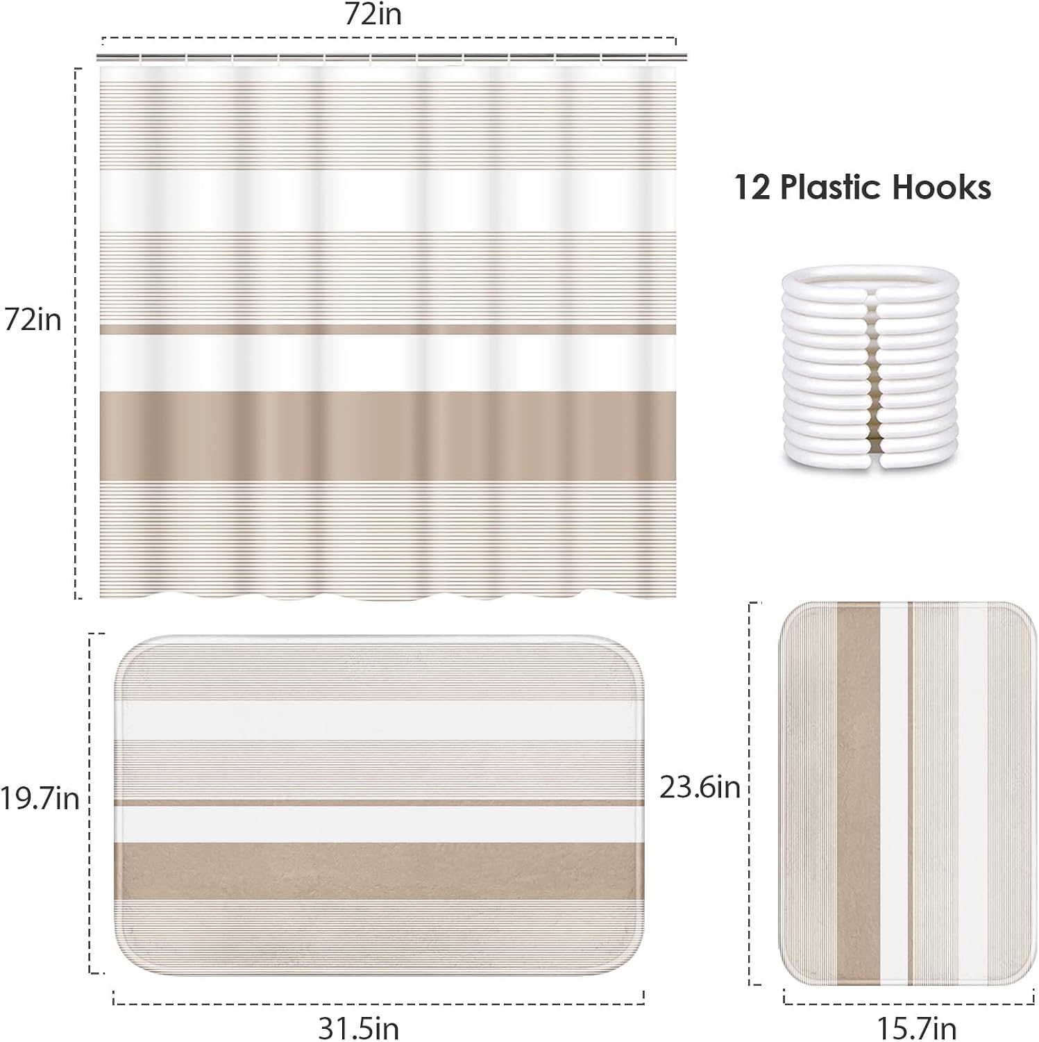 ArtSocket Beige Striped Bathroom Set with Shower Curtain and Bath Rugs and Accessories,Boho Modern Non-Slip Shower Curtain Set,Bathroom Decor 3 Pcs