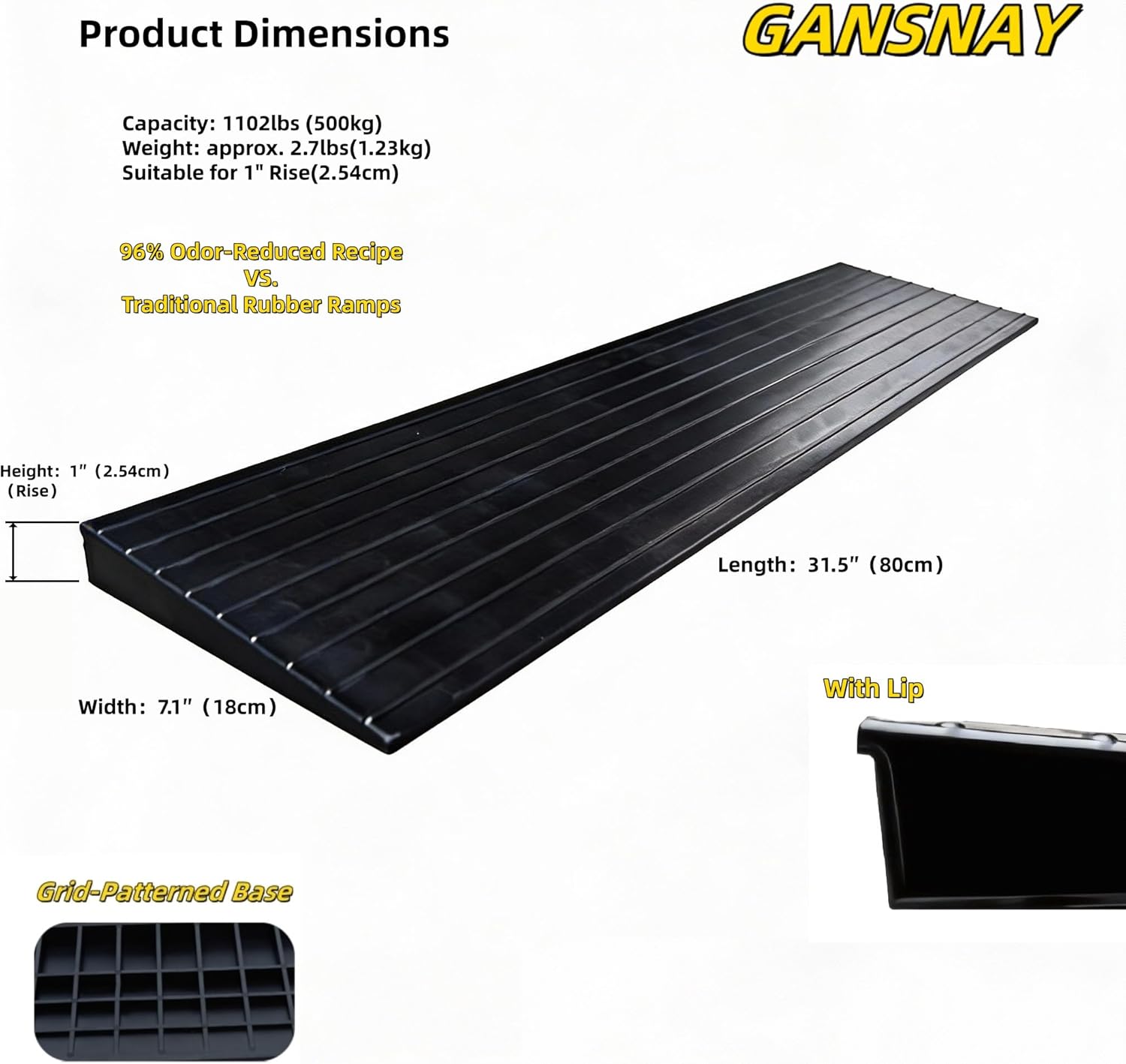 threshold ramp for doorways 1" rise- odorless indoor entry ramp- non-slip& cuttable handicap ramp for wheelchairs, robot vacuum cleaners, scooters, strollers- black- 1?rise (31.5?×7.1?) with lip black 1?rise (31.5?×7.1?) with lip