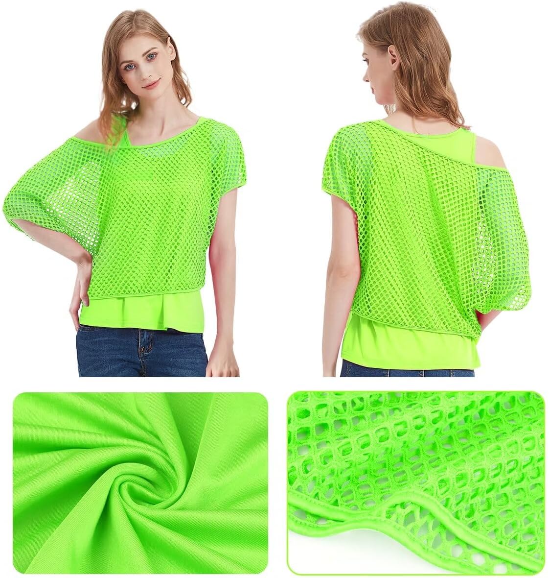 WILDPARTY Women's Casual Sexy Off Shoulder T-Shirt 80s 90s Outfit 80's Costume Fishnet Neon Shirt Summer Short Sleeve - Image 2