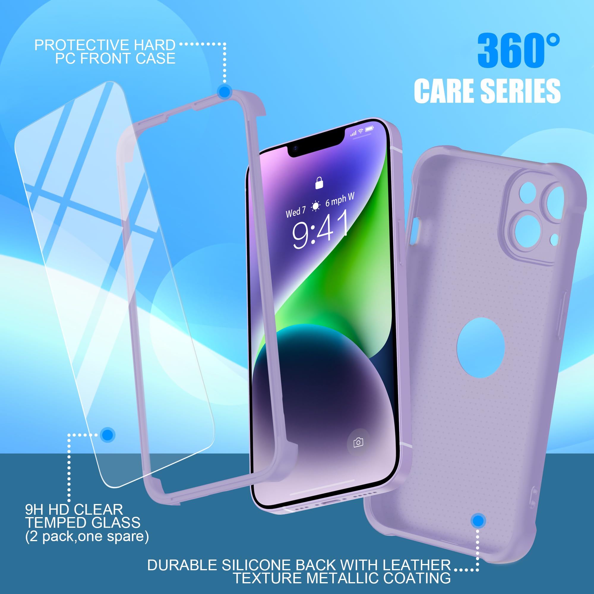 ORETECH Compatibile con Cover iPhone 14, Custodia iPhone 14 con [ 2 x Pellicola Protettiva Vetro Temperato] 2 in 1 Ultra Sottile Antiurto Hard PC Silicone Anti Graffio Cover per iphone 14 - Lillà - Vista 5