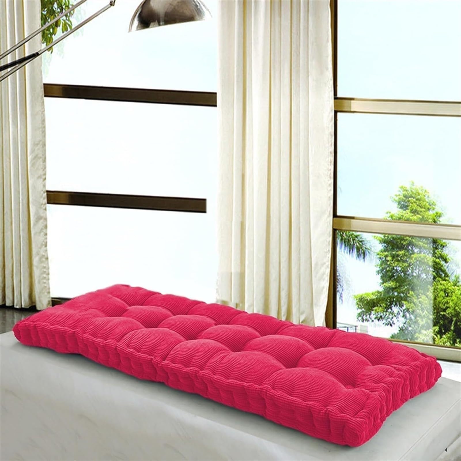 Matelas de Sol capitonné ou Coussin pour Banc de Jardin 1/2/3 Places, Banquette et Chaise Longue Palette, 170 cm, 180 cm, Coussin pour Banc 150 cm Exterieur Interieur sur Mesure(Rose Red 1d,110x55 cm
