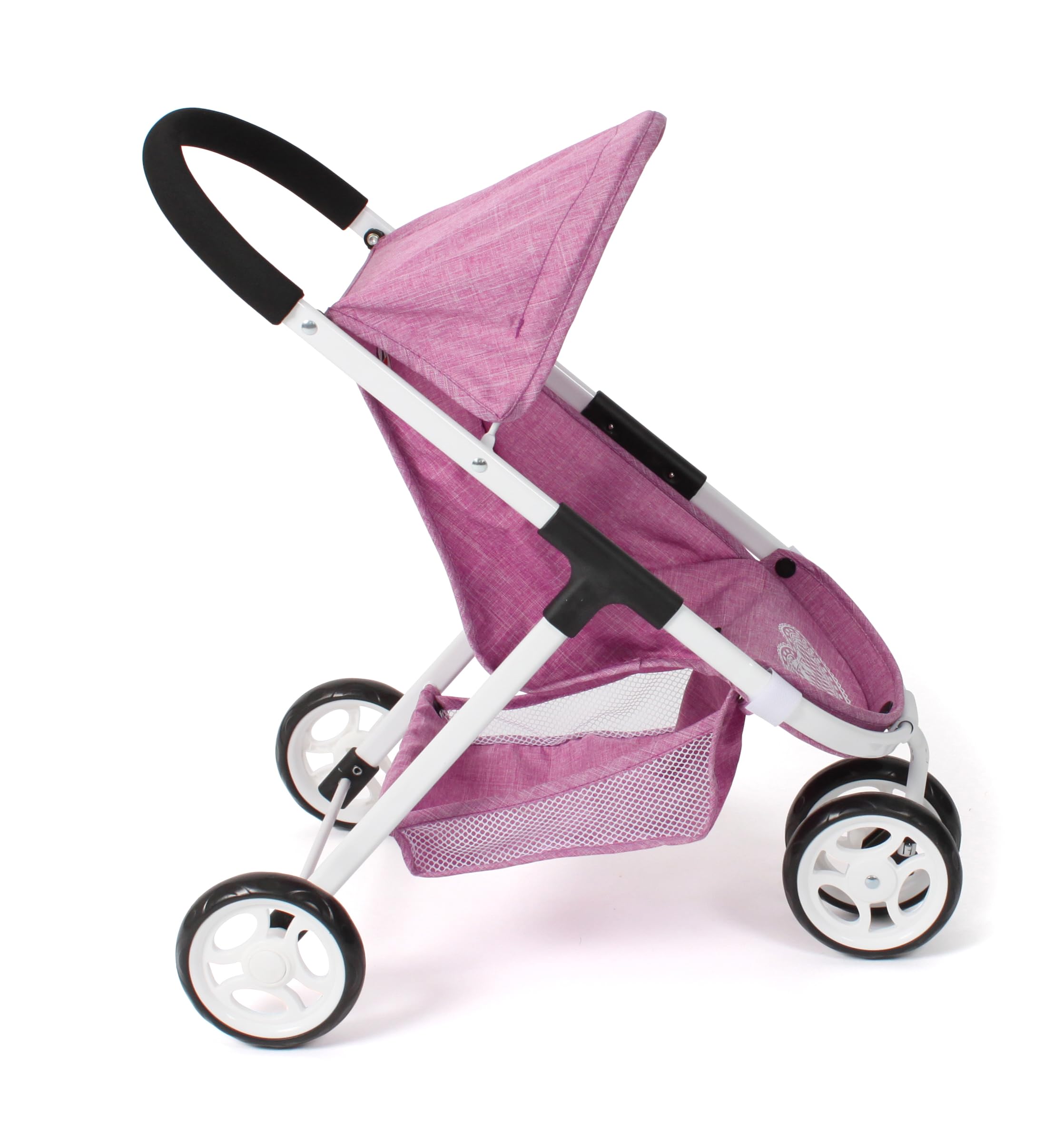 Bayer Chic 2000® Puppenbuggy Speedy – Jeans pink | 3-Rad Puppenbuggy mit Sonnenverdeck & Anschnallgurt. Feste Griffhöhe 58 cm. Leichtgängige Doppelräder & Gepäcknetz. 1,5 kg.