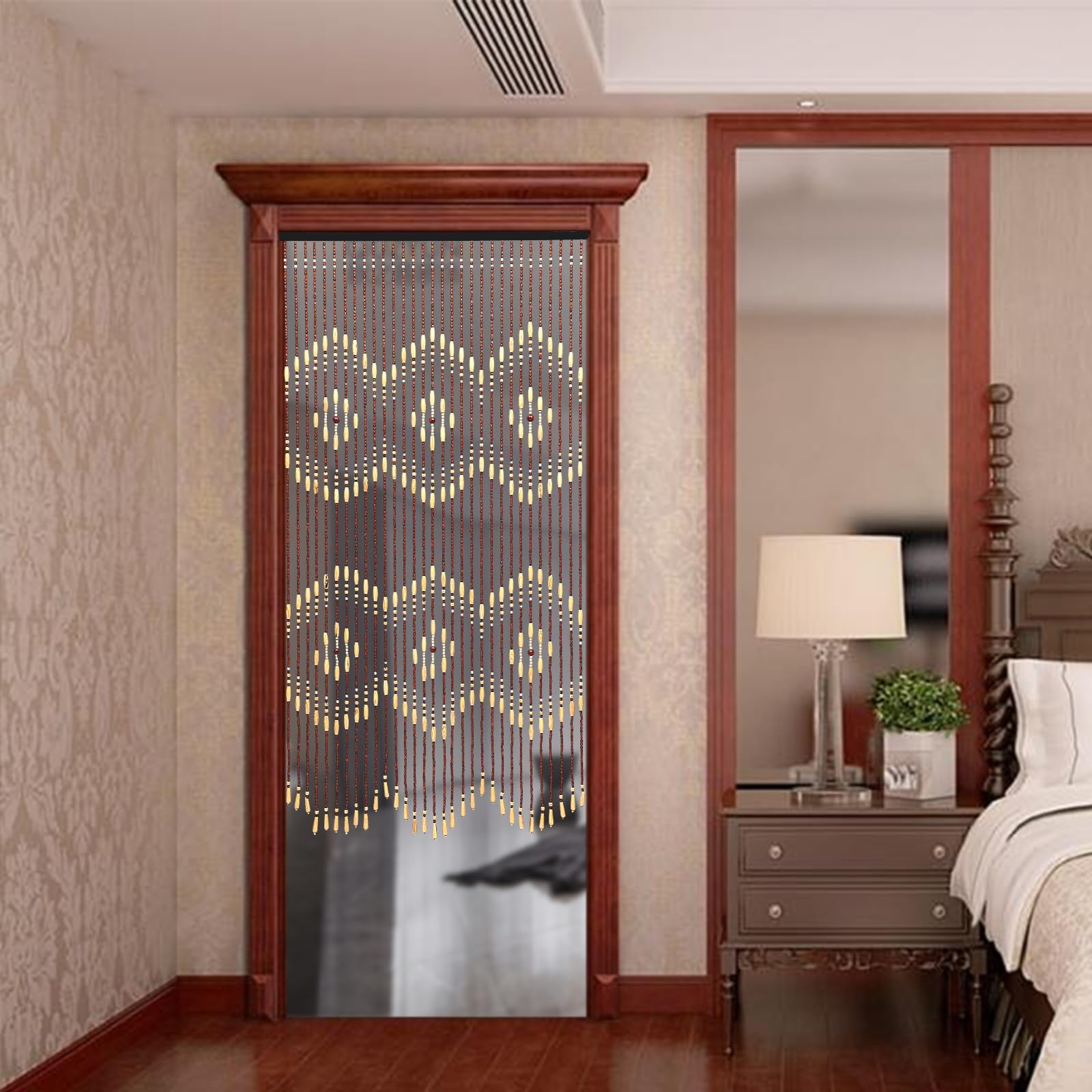 Rideau de porte en perles - Rideau à perles en bambou et perles en bois - 90 x 175 cm (l x H) - Convient pour fenêtre, maison, chambre à coucher - Beige