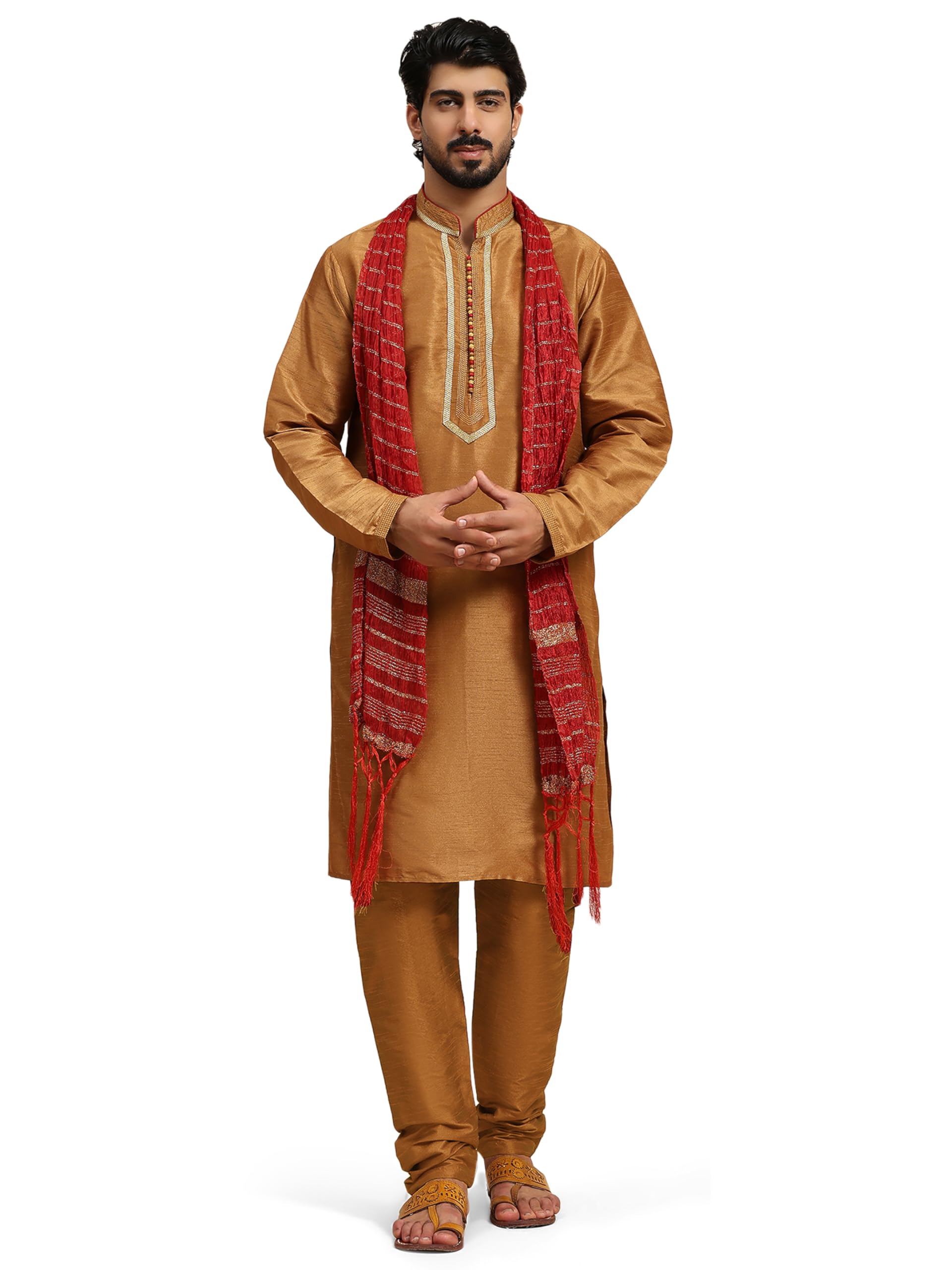 Men's Dupion Silk Embroidered Kurta Pajama Scarf Set Ethnic Motifs 3-Piece Festive Dress