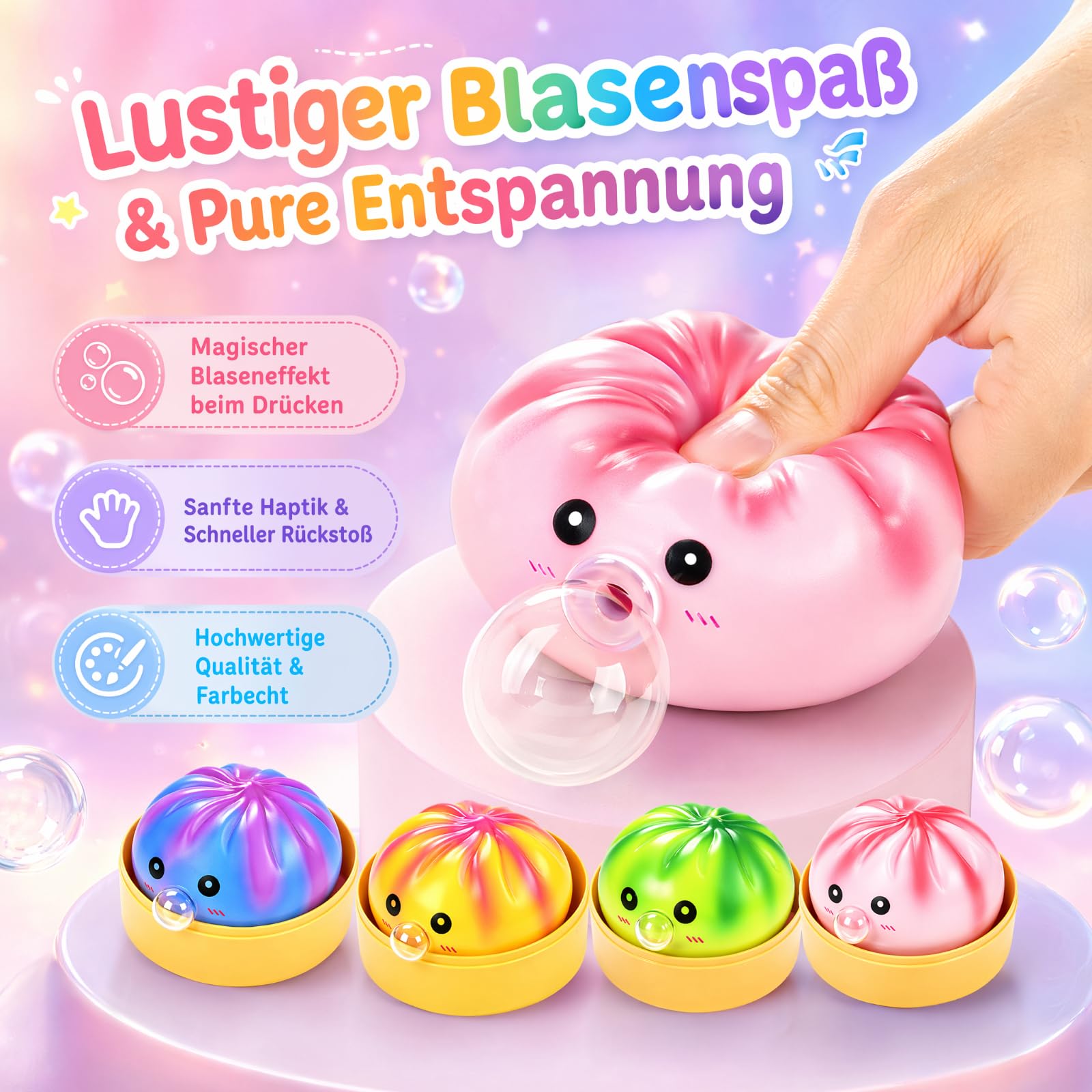 4 Stück Dumpling Squishy, Squishy Dumpling, Weiches Squeeze Stressball Fidget Toys, Mystery Squi-Shy Bun with Steamer Box Decompression Dough für Kinder Erwachsene Büro
