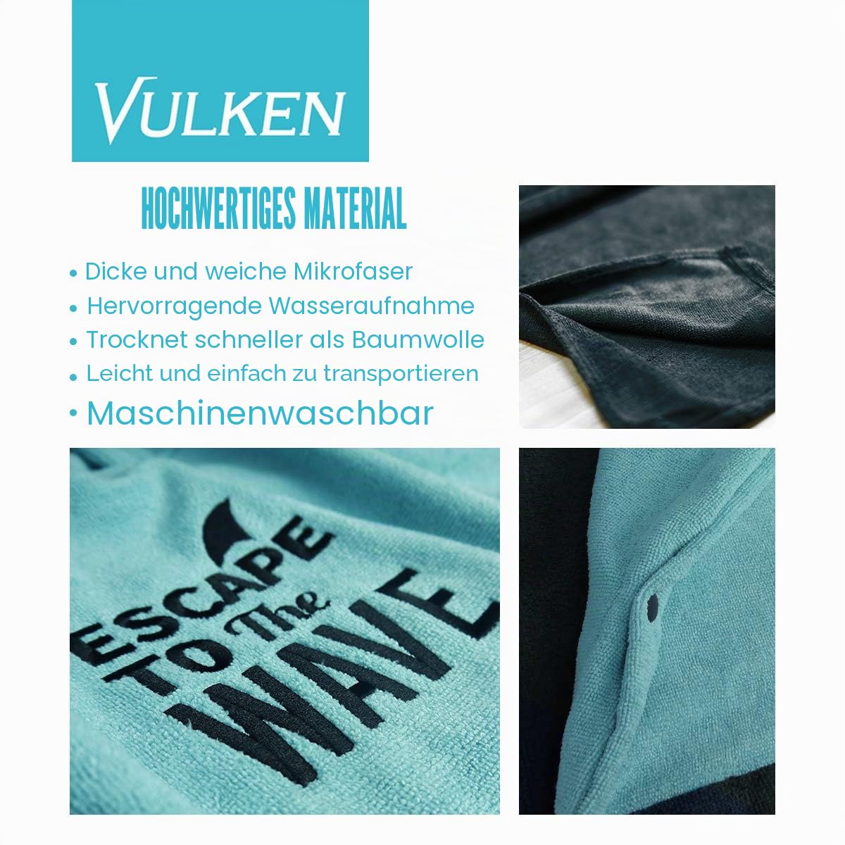 Vulken Strandtuch mit Kapuze, extra groß, Blaugrün, dick, Strandtuch, Wickelmantel, Surf-Poncho, Herren, für einfaches Umziehen in der Öffentlichkeit, schnelltrocknend, Wasserpark, L/XL