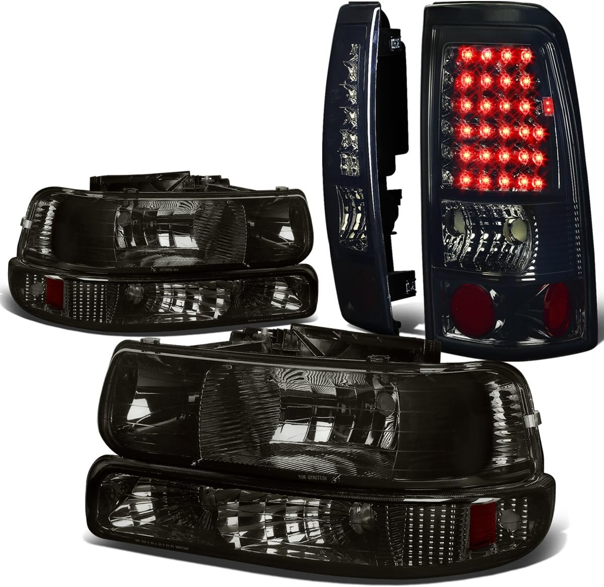 Auto Dynasty Compatible with Chevy Silverado GMT800 4pc Pair of Smoked Lens Amber Corner Headlight+Chrome LED Tail Light