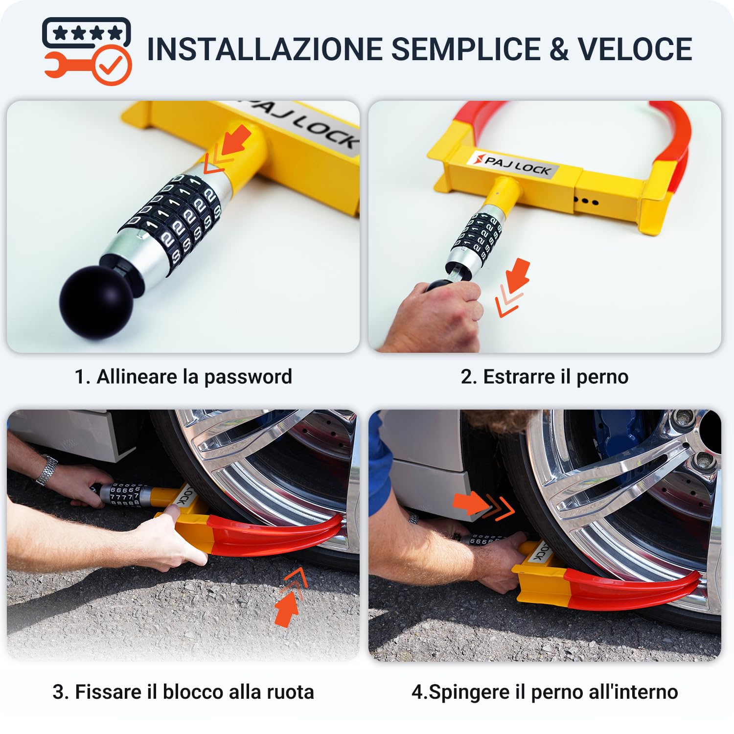 PAJ LOCK Ganascia Antifurto Per Ruote – Blocca Ruota Universale Per Auto, SUV, Furgoni, Moto, Roulotte E Rimorchi - Morsa Serraggio Regolabile Con Lucchetto Di Sicurezza, Robusta, Parcheggio Sicuro
