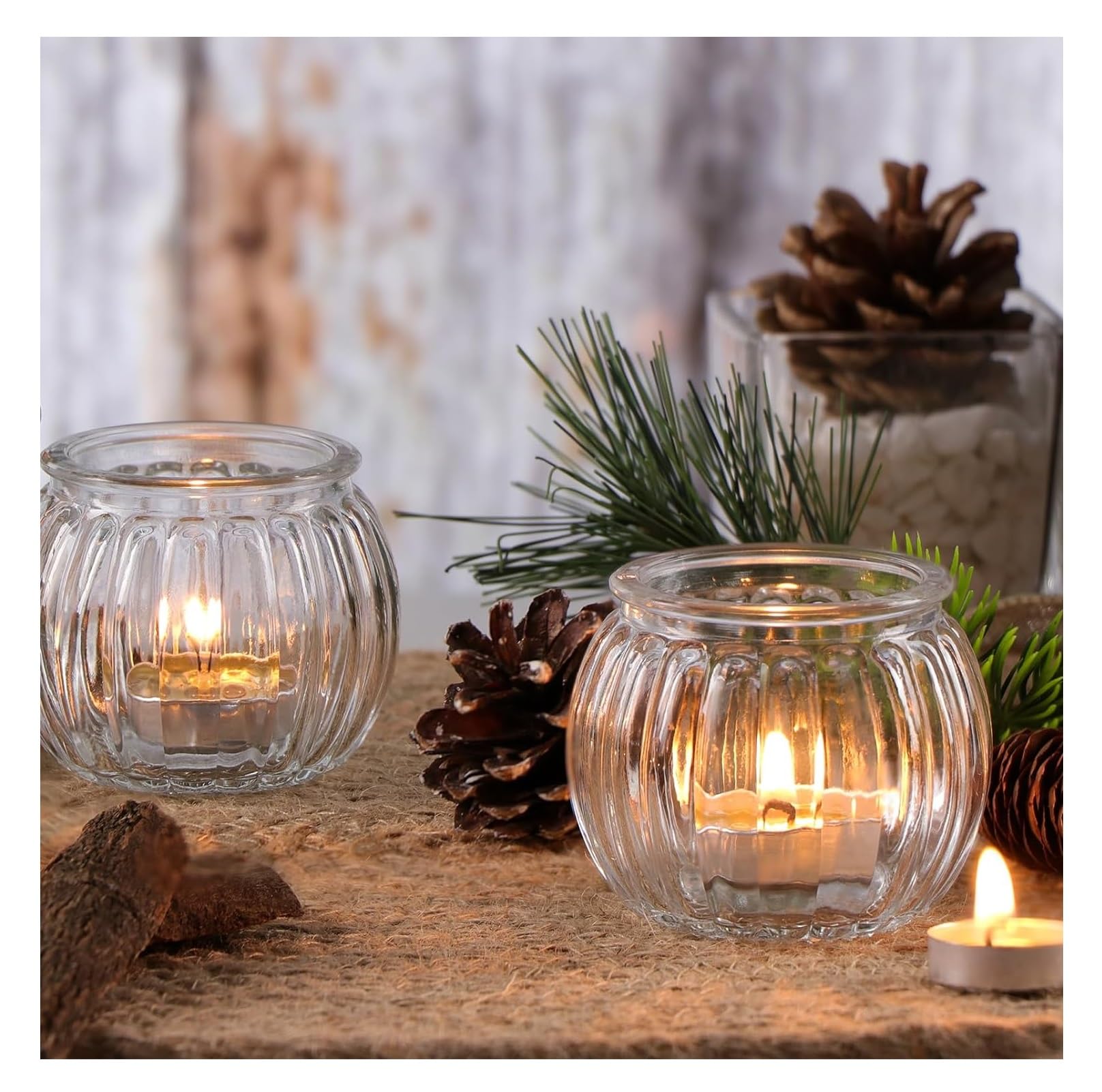 SPHINX Glass Votive Candle Holder for home decorations, for Weddings, Dinner Parties, Candle Light Dinners, Gift - (Clear, Ribbed Round, 4 Pieces)
