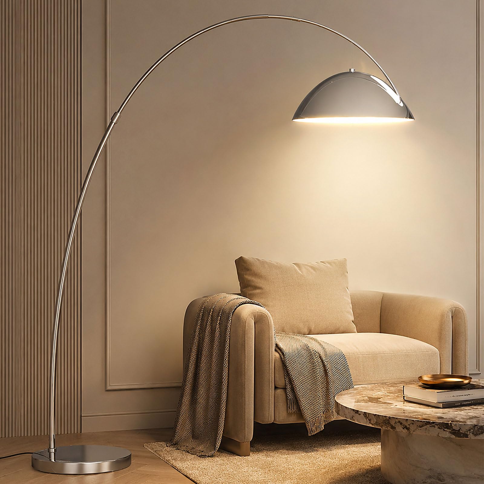 Lampada da terra ad arco per soggiorno, lampada da terra regolabile in altezza, lampada da terra in metallo nero lucidato, lampada da lettura alta e moderna con base in marmo
