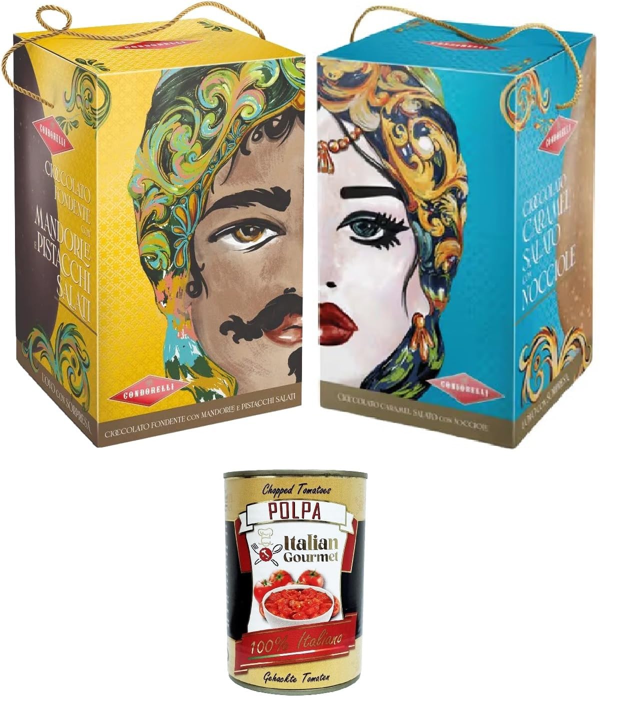 Italian Gourmet Testpaket uova di cioccolato Karamell Haselnuss Ei 2 x 250g | Ripieno salato-dolce, Zartbitter mit Pistazien und Mandeln, ideale da, Gesamtnettogewicht 500 g + Kostenlos Polpa 400g
