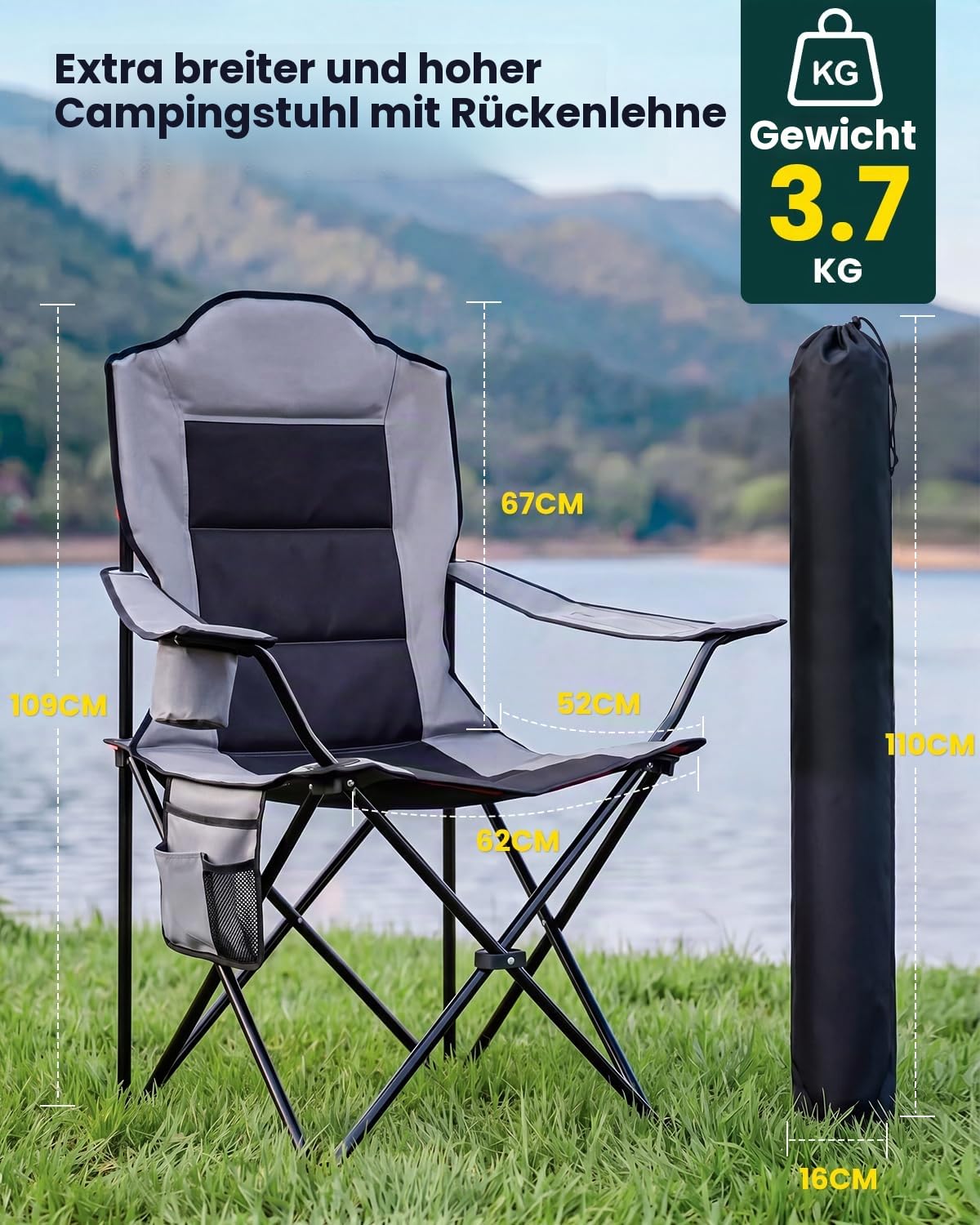 YEAUPE PRO Campingstuhl Faltbar Bequem Gepolster, 150 KG Belastbar | Luxus Camping Stuhl mit Hochlehner, Breiter Sitz | Angelstuhl, Karpfenstuhl, Klappstuhl Camping Chair, XL