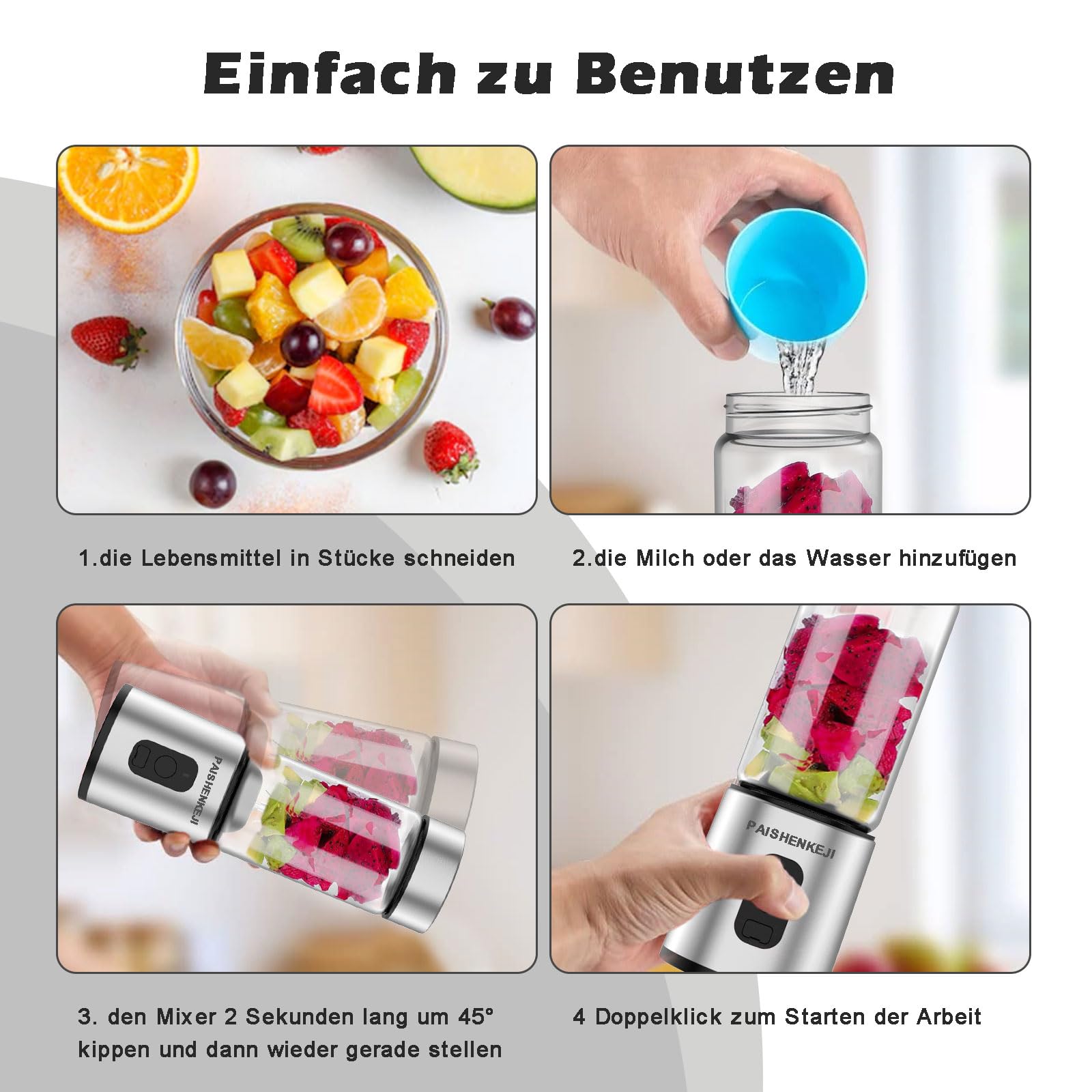Mini Frullatore Mixer portatile Smoothies - 400ml Blender Frullatore Mixer Cucina con 6 Lame in Acciaio Inossidabile, Multifunzione USB Frullatore Piccolo per uso Domestico Ufficio Viaggio (argent)