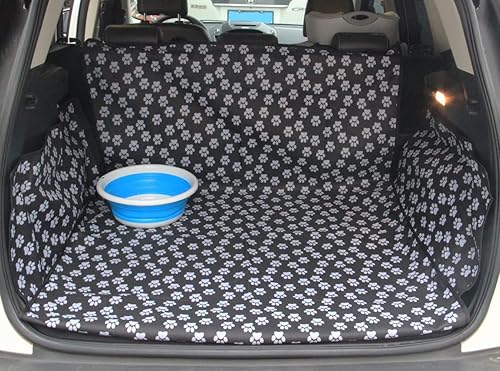 Oxford Pet Car SUV Van Volver Tronco Cargo cama funda impermeable para maletero para perros gatos L Negro Negro, Estampado de huellas, Pewter