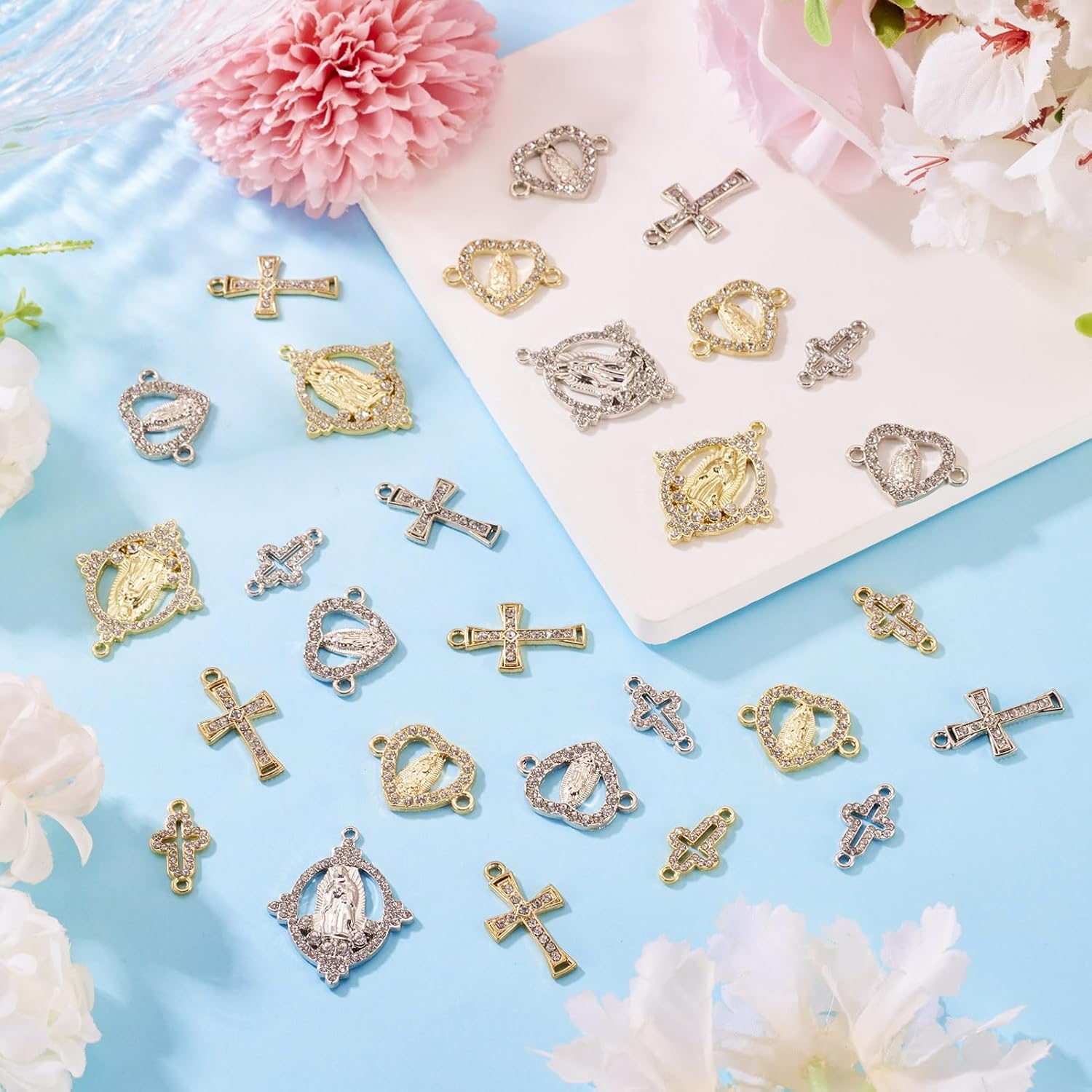 40Pcs Virgin Mary Charm for Easter Alloy Rhinestone Religious Cross Pendant Jesus Centre Charms Virgin Our Lady Mary Rosary Links Connector for DIY Mexican Bracelet Necklace Jewelry Making - Image 6