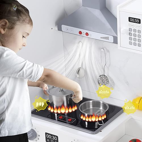 Miniatura 9 de CABIHOME Juego de cocina de madera con accesorios de utensilios de cocina, luces reales y sonidos, incluye microondas, horno, fregadero, cocina de