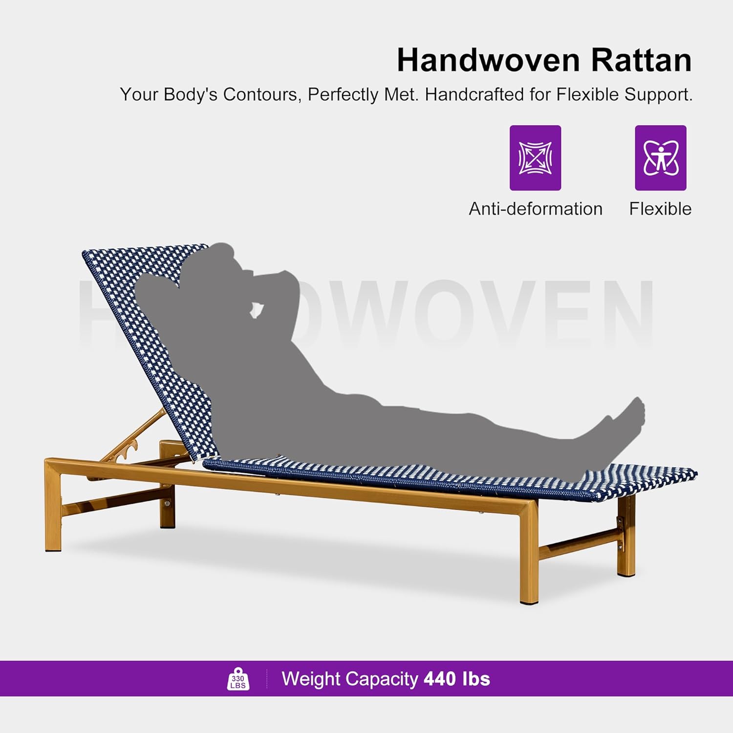 PURPLE LEAF Patio Chaise Lounge French Outdoor Lounger 2 Pieces Wood-Grain Finish Aluminum Wicker Lounge Chair with Adjustable Backrest for Pool Garden Beach and Backyard White and Navy